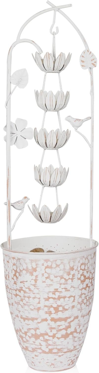 Alpine Corporation 30″ Tall Metal Rustic Water Fountain with Decorative Flower, Cascading Waterfall Feature for Gardens, Patios, and Outdoor Decor, White