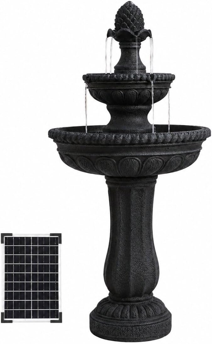 XBrand 39″ 2-Tier Outdoor Freestanding Solar Water Fountain – Classic Design, Black Resin Bird Bath with Pump – Ideal for Yard, Lawn and Garden, Porch Décor