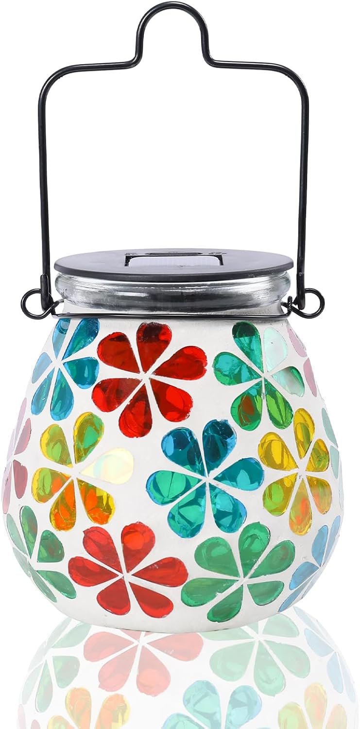 Afirst Outdoor Solar Lantern Waterproof Mosaic Glass Hanging Garden Light