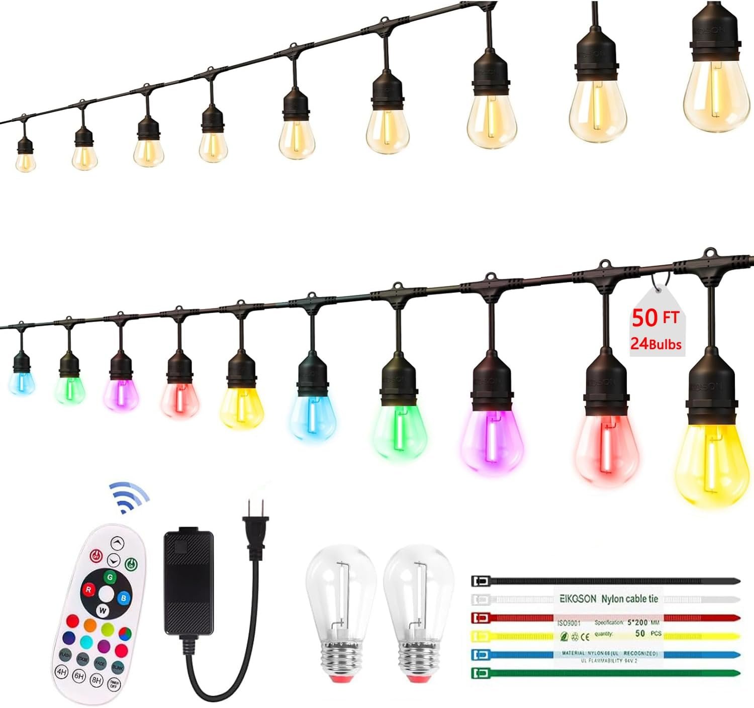 50FTOutdoor String Lights,24+2 LED RGBW Color Change,3000K Bright White