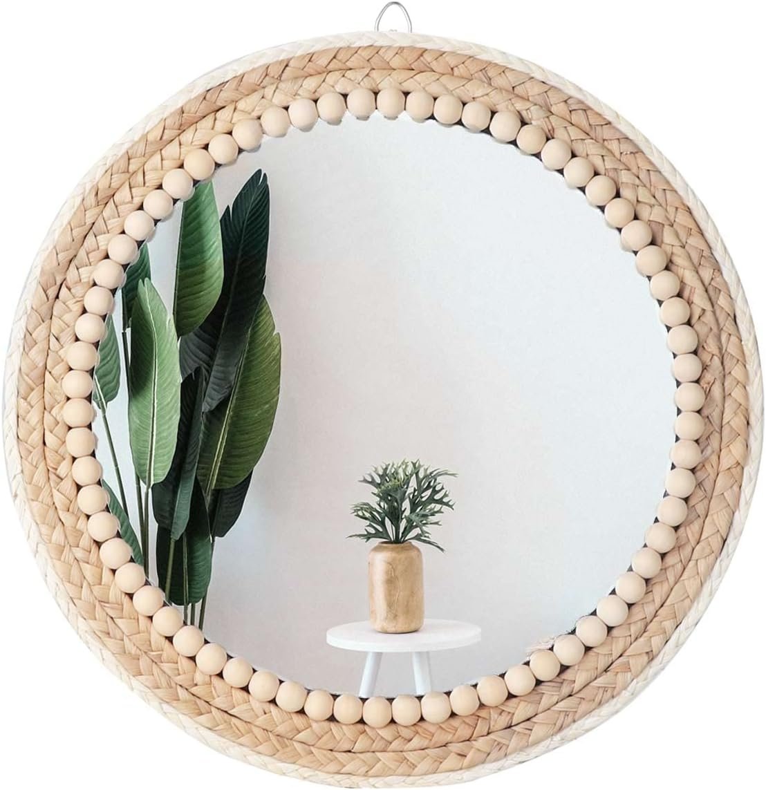 Poeme Boho Wall Mounted Round Mirror – 15 Inch Circle Rattan Decorative Hanging Mirror for Bedroom, Living Room & Bathroom
