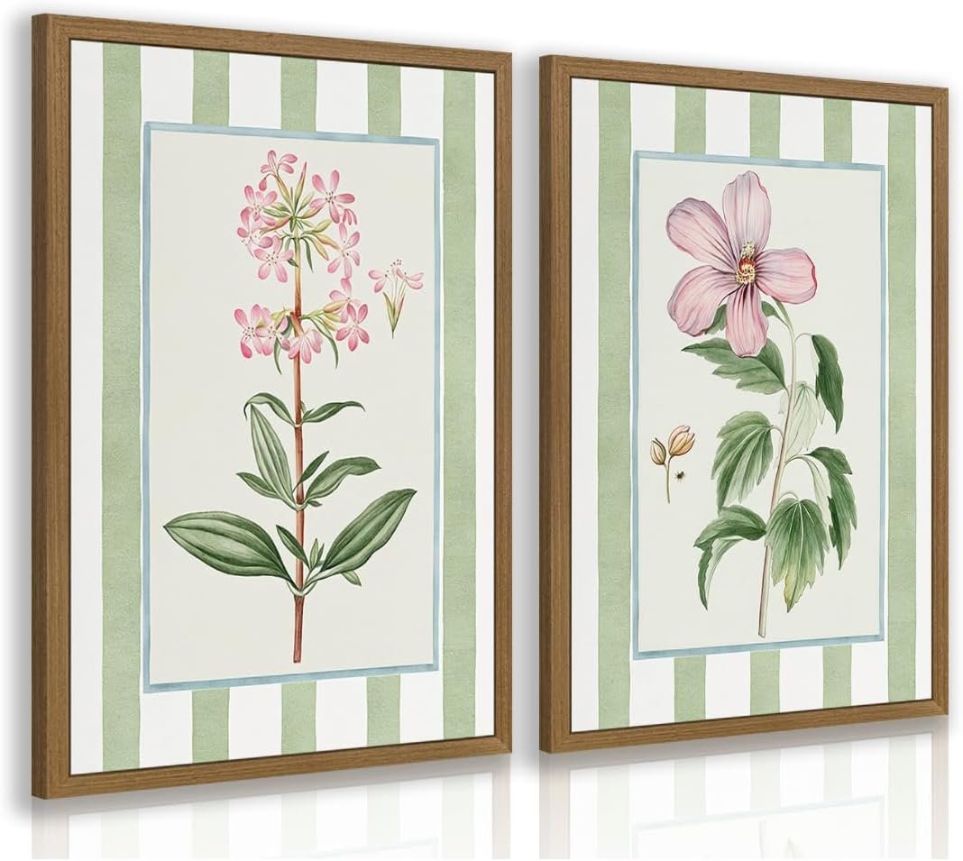 RLKHG Wood Framed Vintage Botanical Wall Art Set of 2, Green Stripe Floral Poster Prints, Classic Botanical Illustration Wall Decor, Cottagecore Farmhouse Artwork for Bedroom Hallway 12×16 Inch