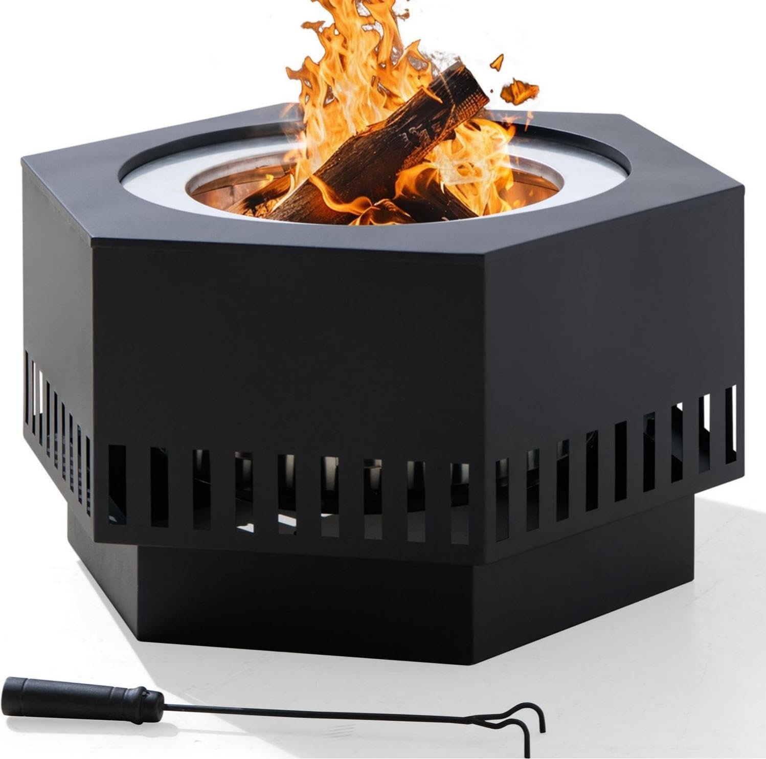 SUNJOY Smokeless Fire Pit 28-Inch Hexagonal Firepit for Outdoor, Stainless Steel Wood Burning Fireplace with Removable Ash Pan, PVC Cover and Fire Poker, Ideal for Camping, Bonfire, Backyard, Black