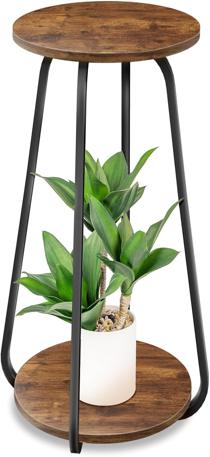 Plant Stand Indoor, 2 Tier Metal Wood Plant Shelf for Living Room
