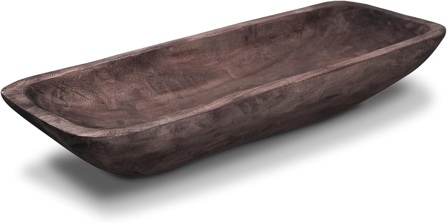 Wooden Dough Bowl – Vintage Oblong Natural Root Hand Carved Bowl for Home Decor, Rustic Farmhouse Centerpiece, 18.5×7.1×3.15 Inches