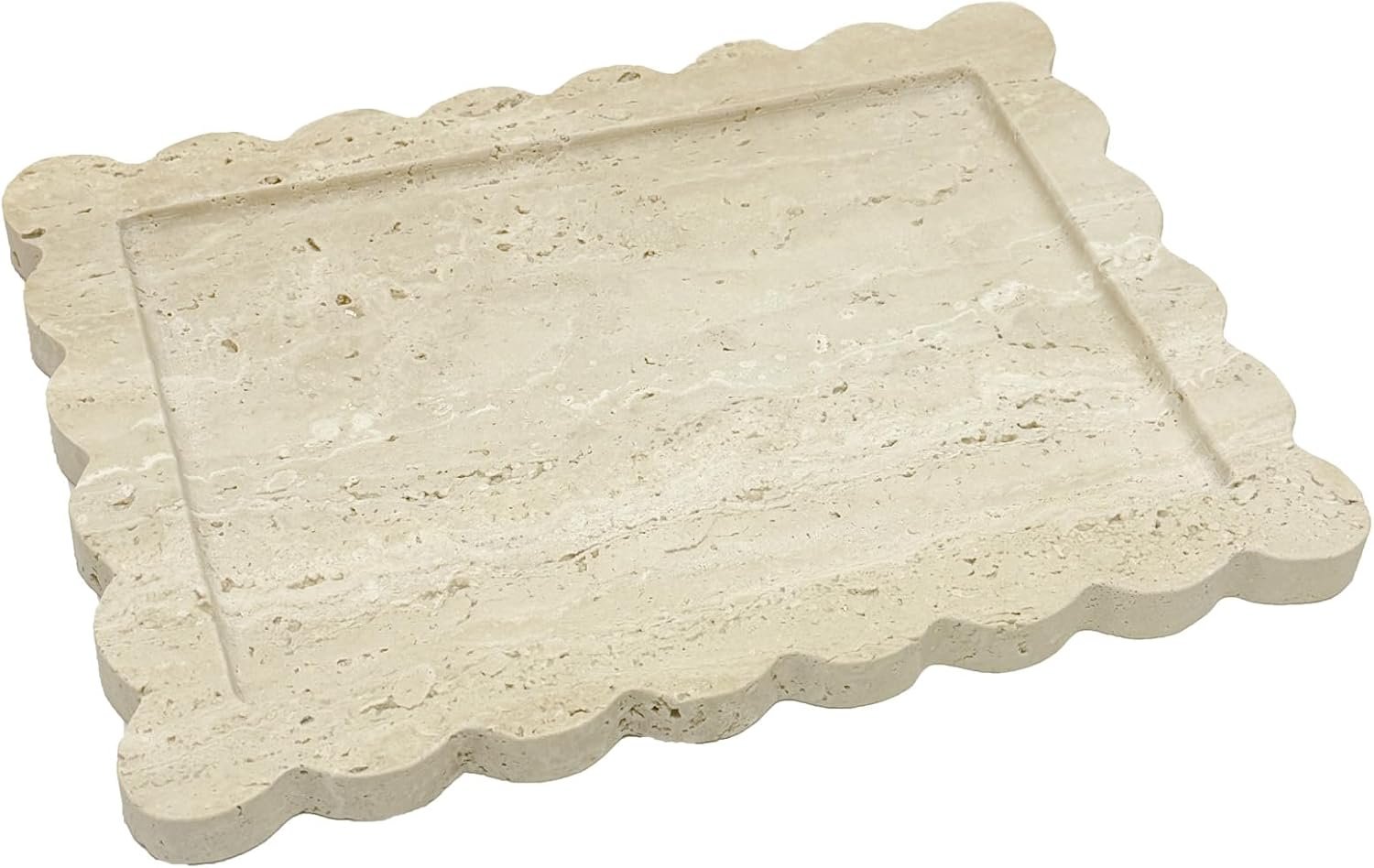 Real Natural Scalloped Travertine Tray, Beige Travertine Stone Tray, Luxury Rectangle Marble Catchall Decorative Tray for Vanity Bathroom Kitchen Coffee Table Jewelry Perfume Home Decor