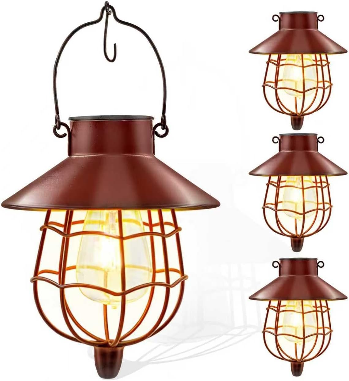 4 Pack Solar Lantern Outdoor Waterproof, Metal Solar Hanging Lamp with Warm White Bulb,Solar Lights Outdoor Design for Garden Yard Patio Proch Decor