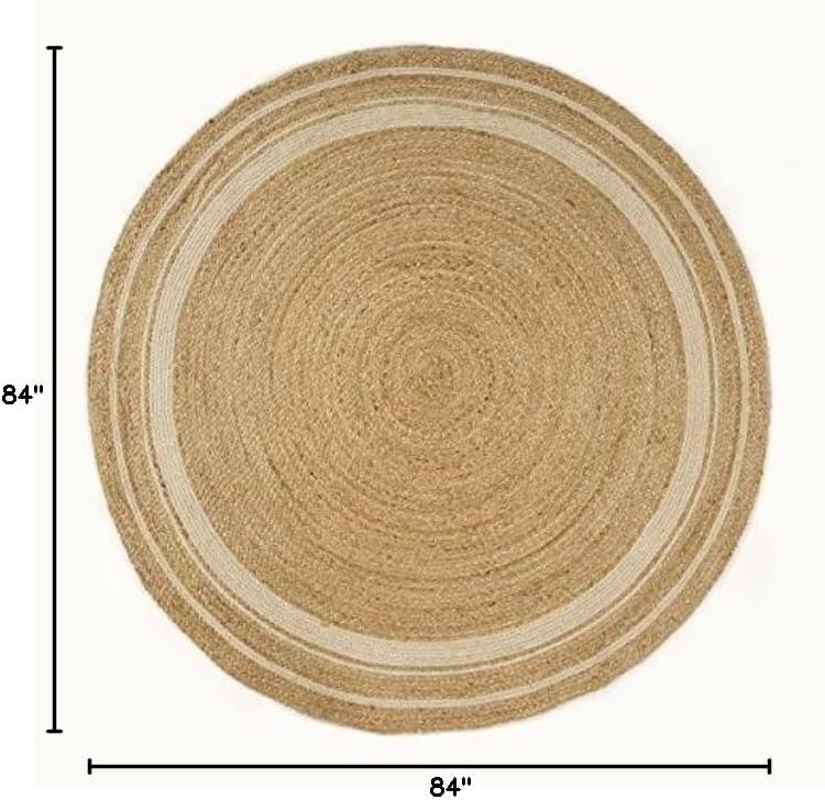GRUHUM Jute Cotton Area Rug 7 ft Round Natural Ivory Handwoven Braided Rug