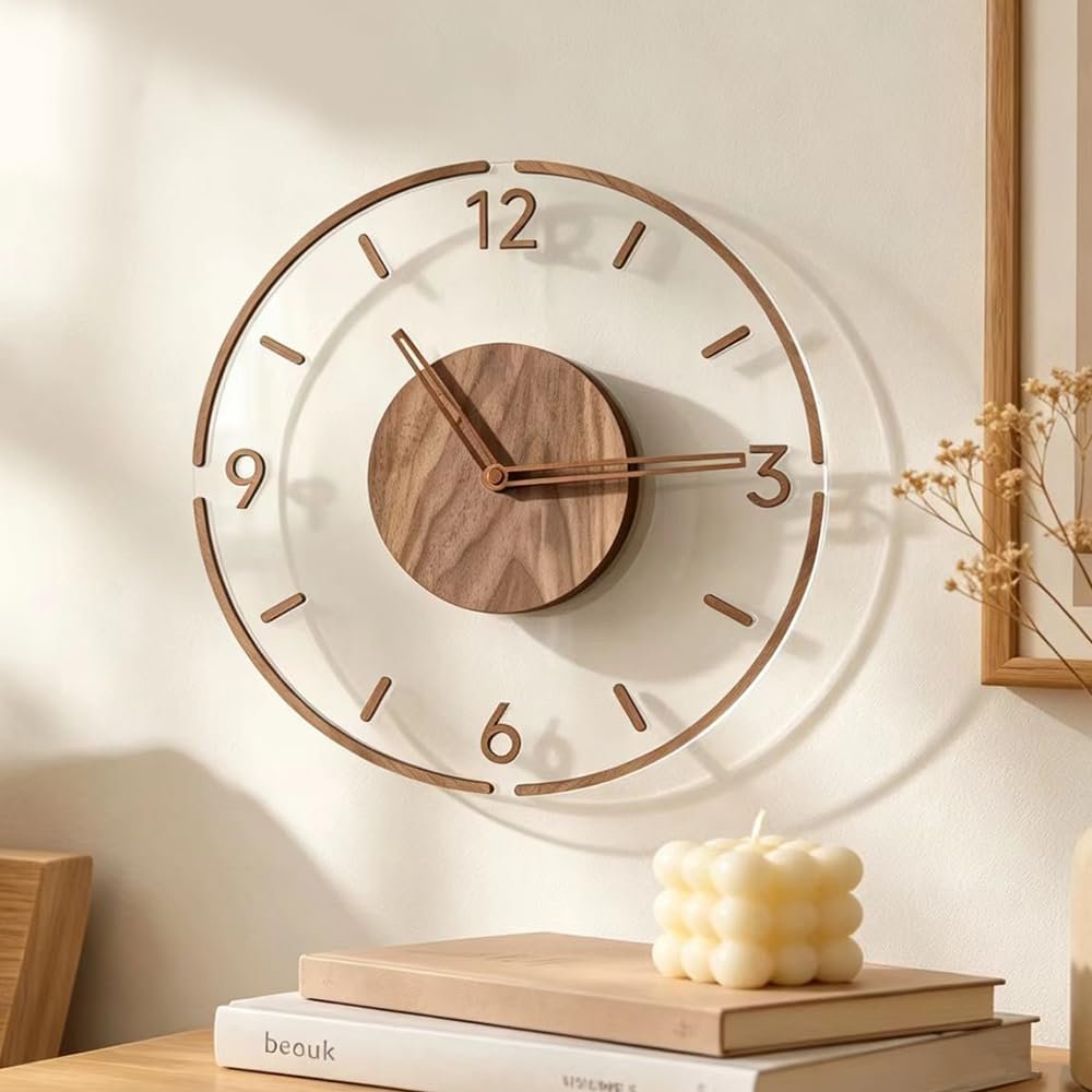 Modern Silent Wall Clock with 3D Numbers – Clear Acrylic & Walnut Wood Clocks, Non-Ticking Quartz Movement, Minimalist Decor for Home, Farmhouse, or Office (Battery Operated)