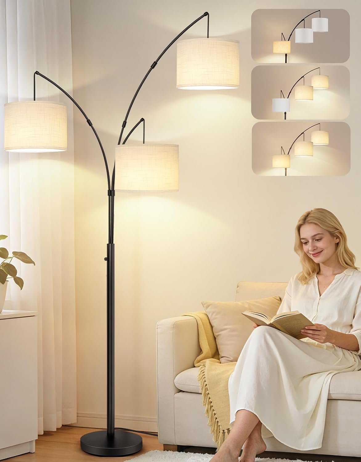 OUTON Arc Led Floor Lamp, Modern Black 3 Light Tall Floor Lamp for Bedroom, 2400lm Mid Century Adjustable Standing Corner Lamps for Living Room Office, 3 LED Bulbs Included, White Lampshade