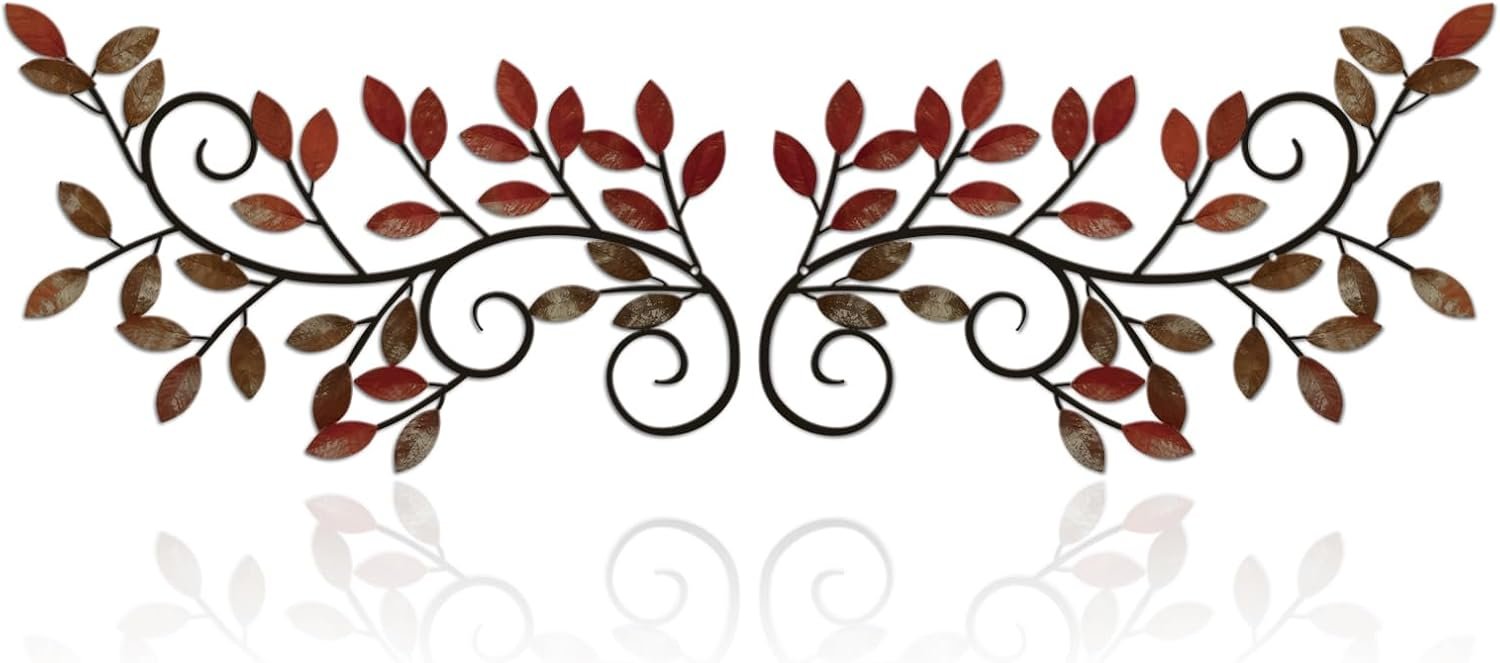 ESTART 2 Pcs Metal Tree Leaf Wall Art Vine Branch Decor, Retro Red