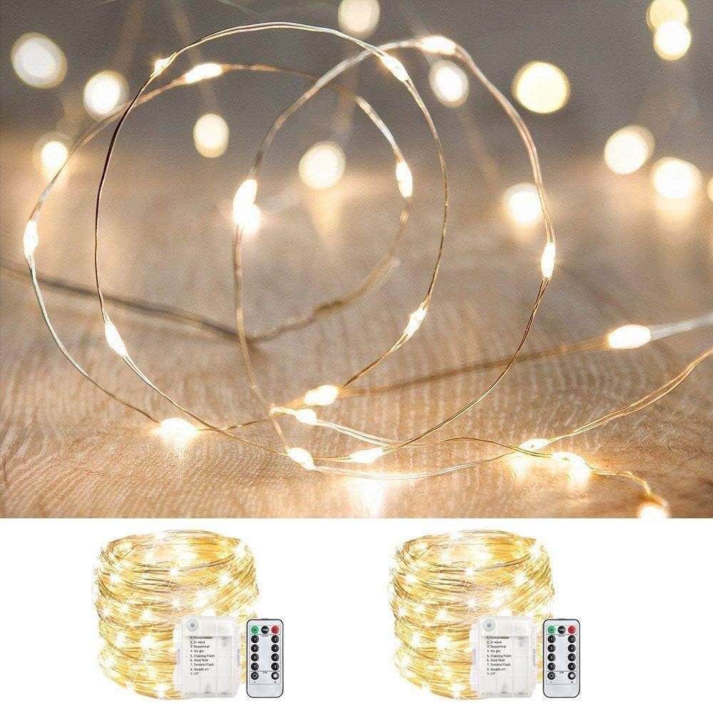 ANJAYLIA 2Pc 33Ft Fairy Lights Battery Operated Remote Timer, Warm White