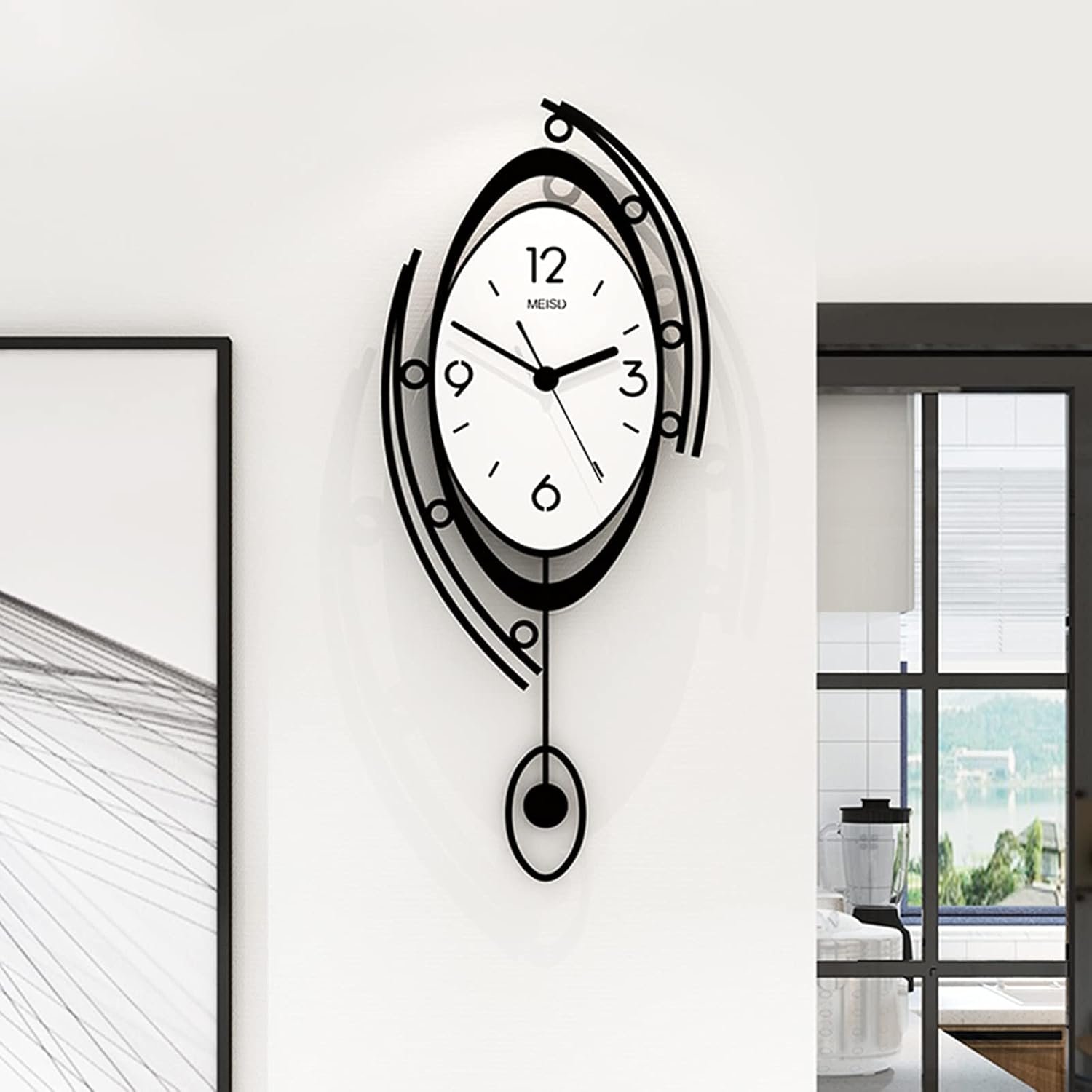 Wall Clock Modern Decorative Metal Silent Wall Clocks Silent Quality Quartz Wall Clock with Pendulum for Living Room, Kitchen, Home, Bedroom Wall Decor – 9.8x23inch