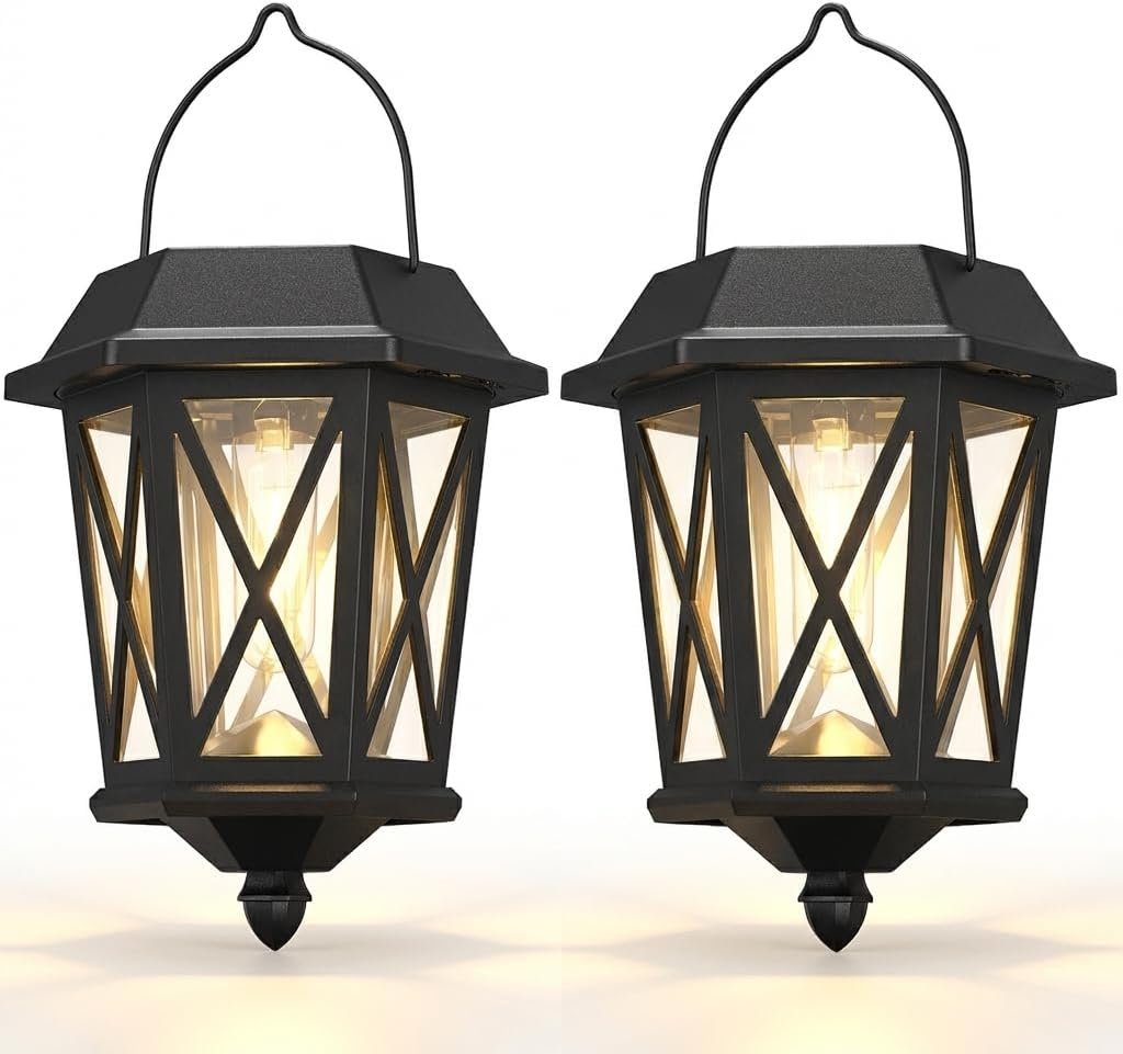 Solar Lanterns Outdoor Waterproof, Hanging Solar Lights with Glass Shade – 2 Pack LED Metal Wall Mount Outdoor Light for Yard/Garden/Patio – Black