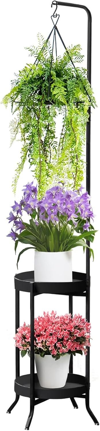 RINBOU Hanging Plant Stand Indoor Outdoor, Space-Saving Corner Metal Plant Shelf 3 Potted Flower Pot Stand, 2 Tier 61″ Tall Modern Planter Holder for Patio Garden Balcony Living Room Bedroom, Black