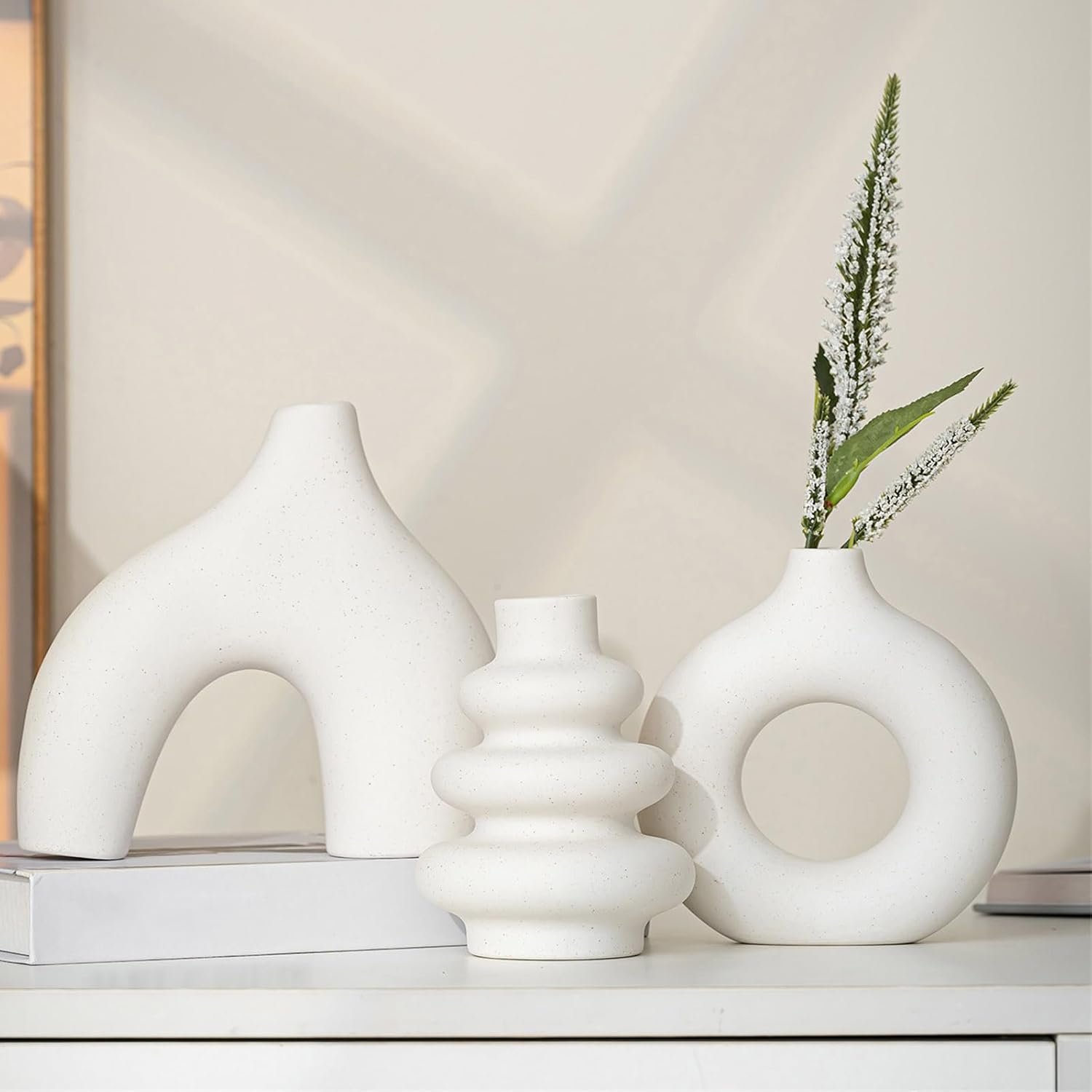 White Ceramic Vases Set of 3, Minimalist Nordic Modern Style, Round Donut Vase for Dried Flowers, Pampas Grass & Fresh Blooms,Boho Home Decor for Table Shelf Living Room Office (White)