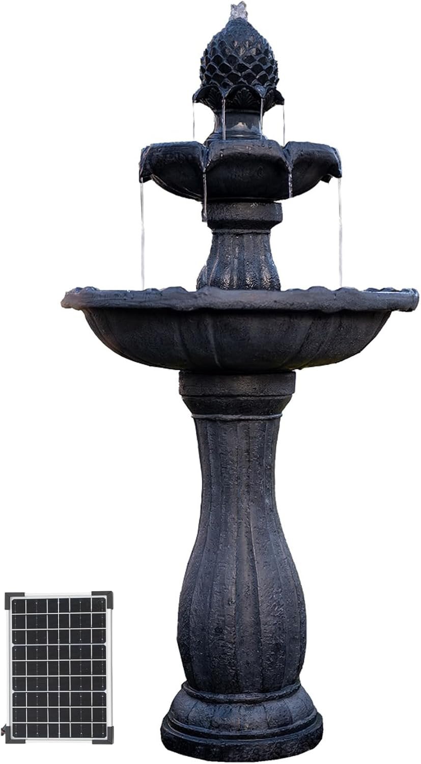 XBrand 44″ Solar Water Fountain Outdoor, 2-Tier Garden Fountain with Solar Panel, Fiberglass Resin Water Feature, Auto Shut-Off Pump for Patio Yard, Black