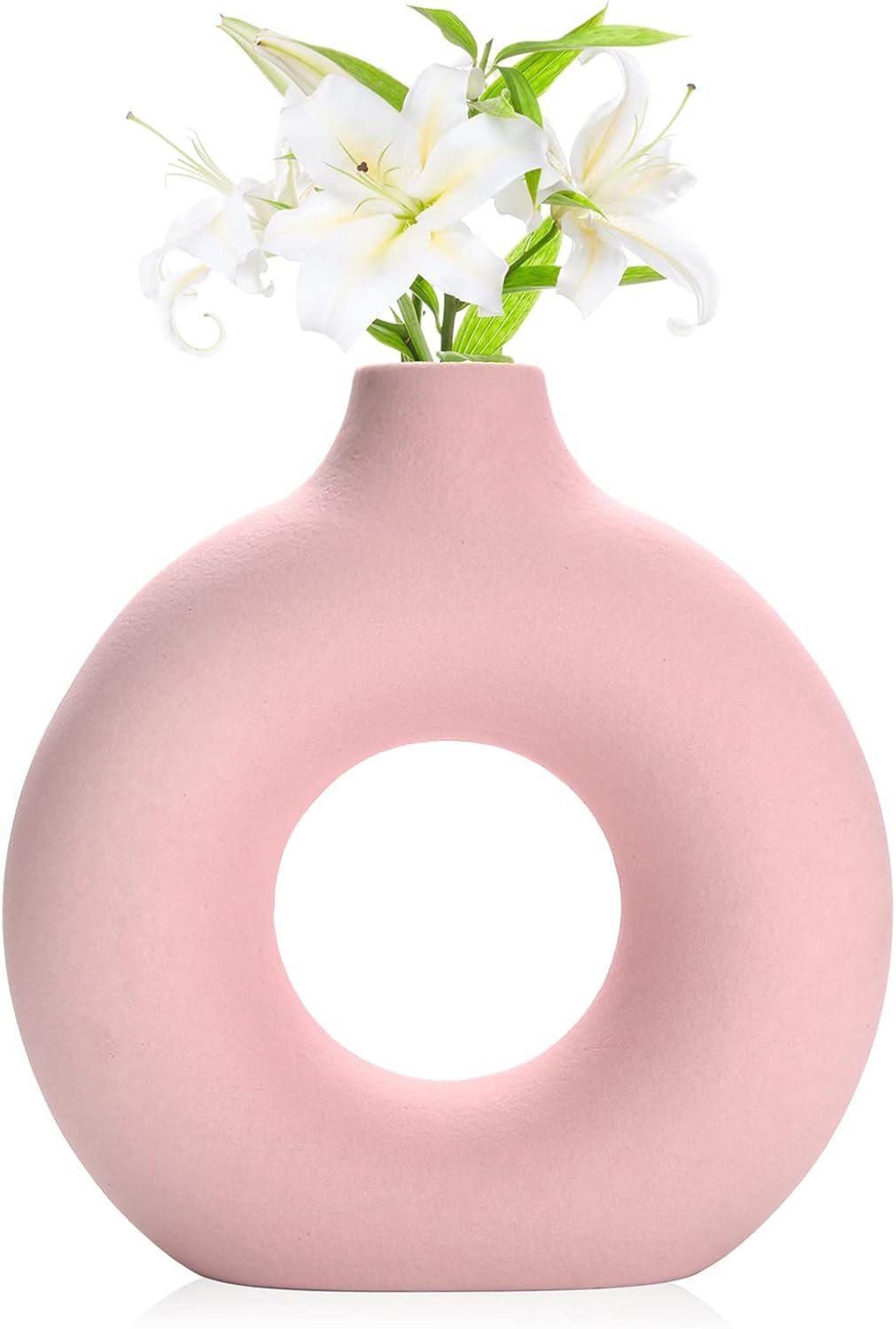 Donut Vase|Circle Hollow Vase|Modern Matte Ceramic Vase for Entryway Living Room Bedroom Dining Table Centerpiece Office Home Decor (Pink-7.5″)