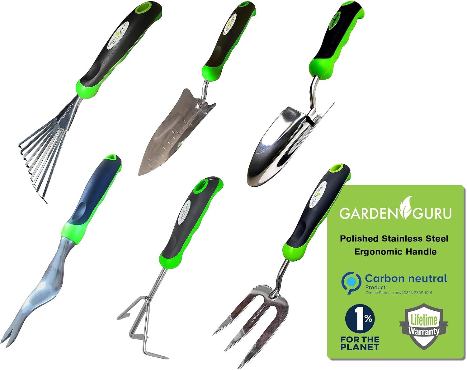 Garden Guru Garden Tool Set 6pc Hand Trowel Transplanter Weeder Fork Rake Cultivator – Heavy Duty Stainless Steel – Ergonomic Comfort Grip Handle – Perfect Gardening Tool Kit Gifts for Women and Men