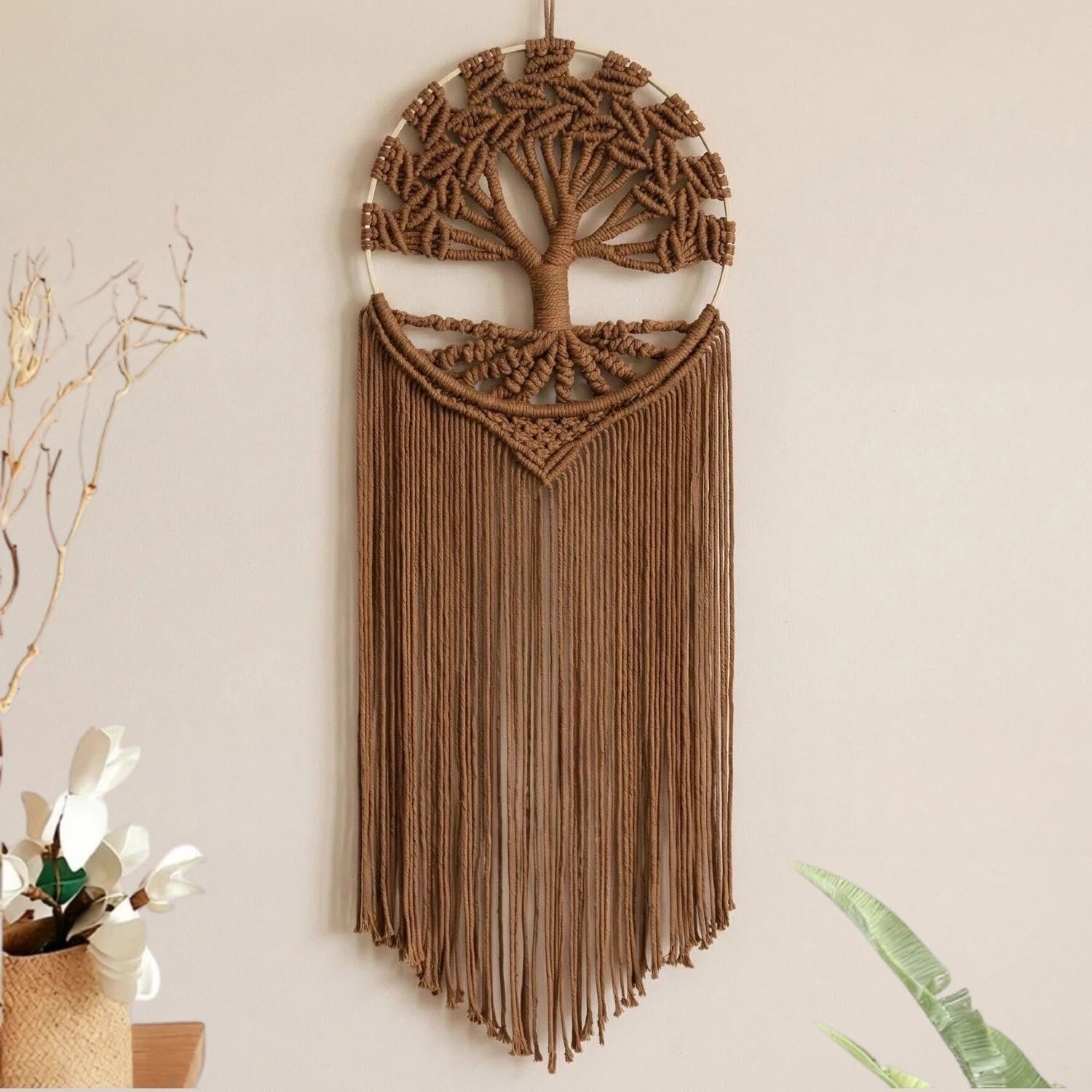 Sylfaen Tree of Life Macrame Wall Hanging – Boho Handmade Woven Tapestry – Dream Catcher Wall Decor Art Living Room – Macrame Tapestry Boho Decor for Bedroom (Brown)