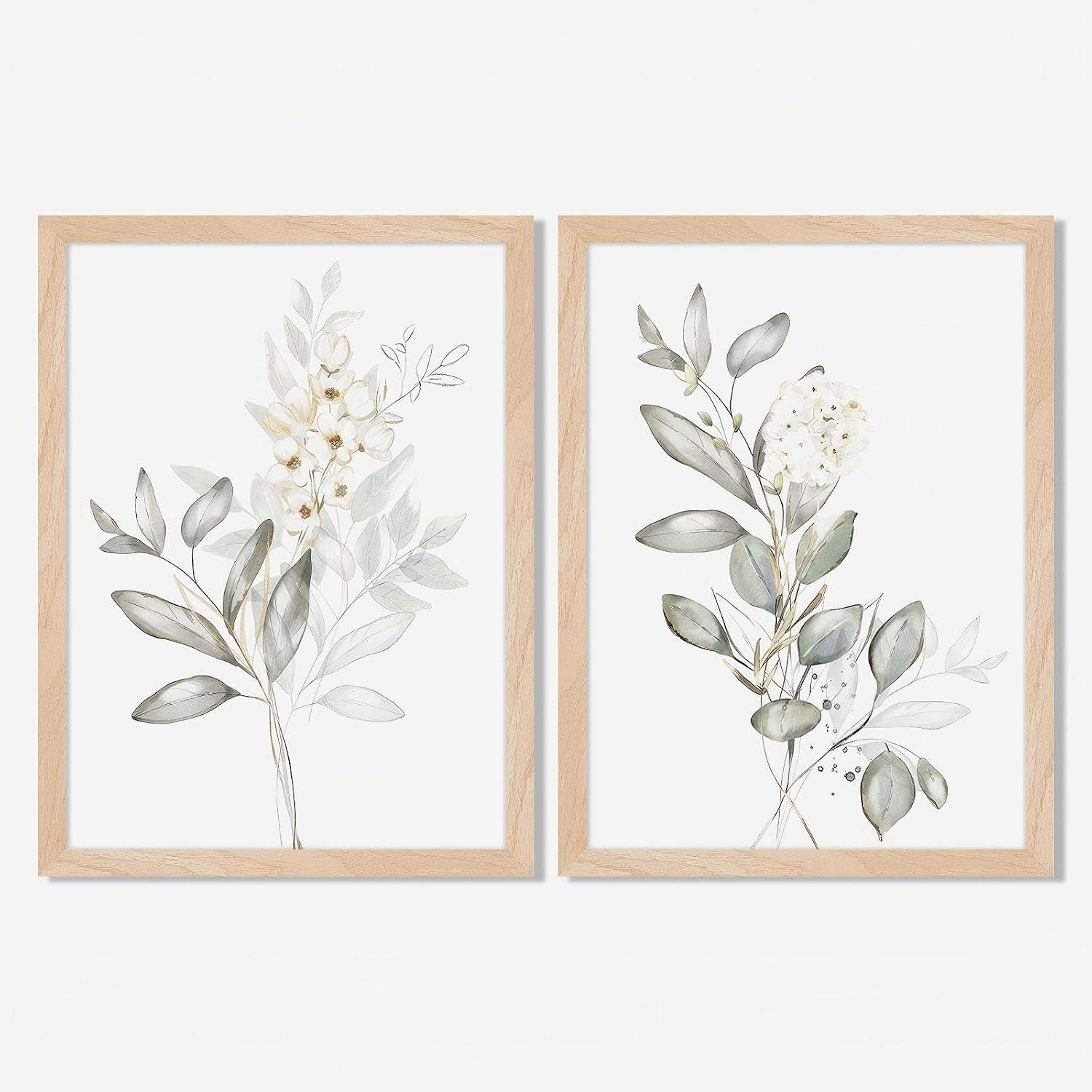 Framed Nature Botanical Wall Art Set of 2, White Floral with Green Eucalyptus Leaves Canvas Prints, Modern Minimalist Flower Painting Picture For Kitchen, Bedroom, Dining Room,Bathroom Decor, 8x10IN