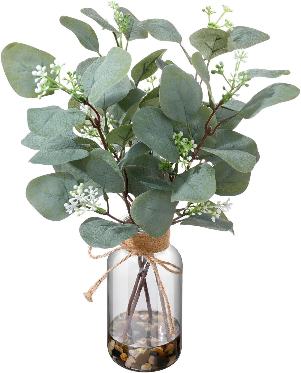 Artificial Eucalyptus Stems in Glass Vase, 15.74 in Greenery