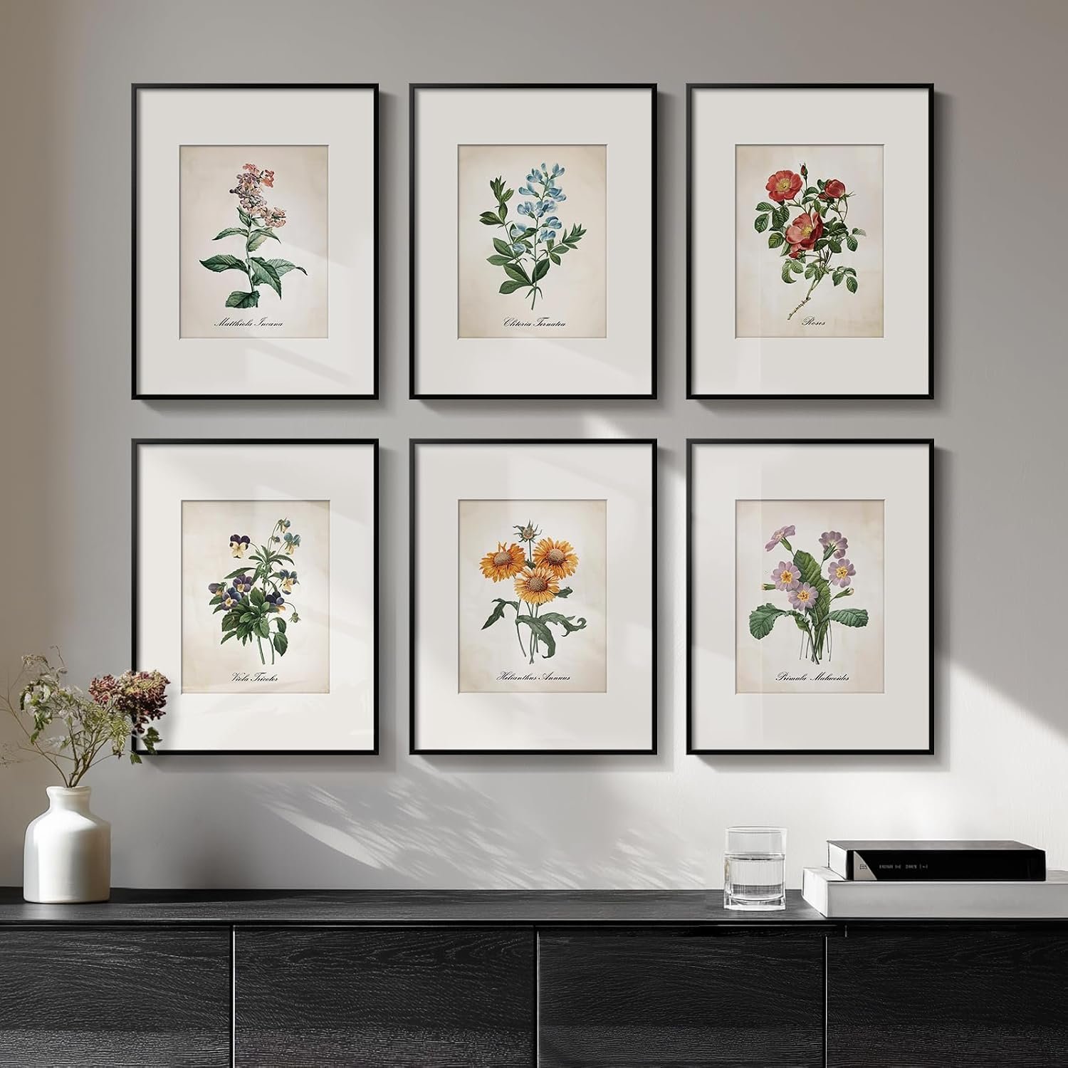 Framed Vintage Botanical Floral Wall Art, Rustic Flower Prints, 11×14 In