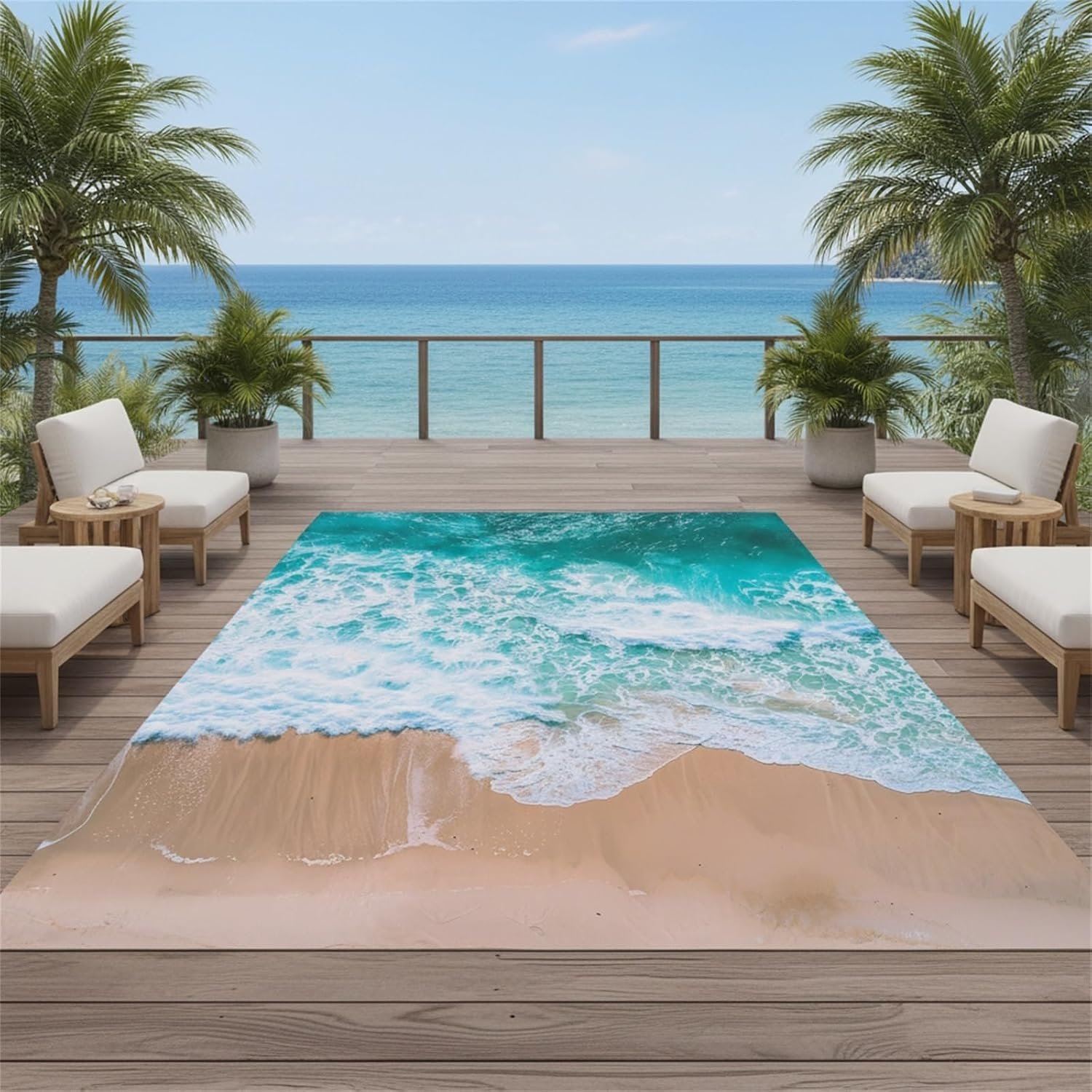 Beach Coastal Outdoor Waterproof Rugs 5×8 for Porch Patio Deck Veranda Modern Turquoise White Light Brown Outside Area Rug Balcony Front Yard Washable Non Skid Carpet Camping Poolside Floor Mats