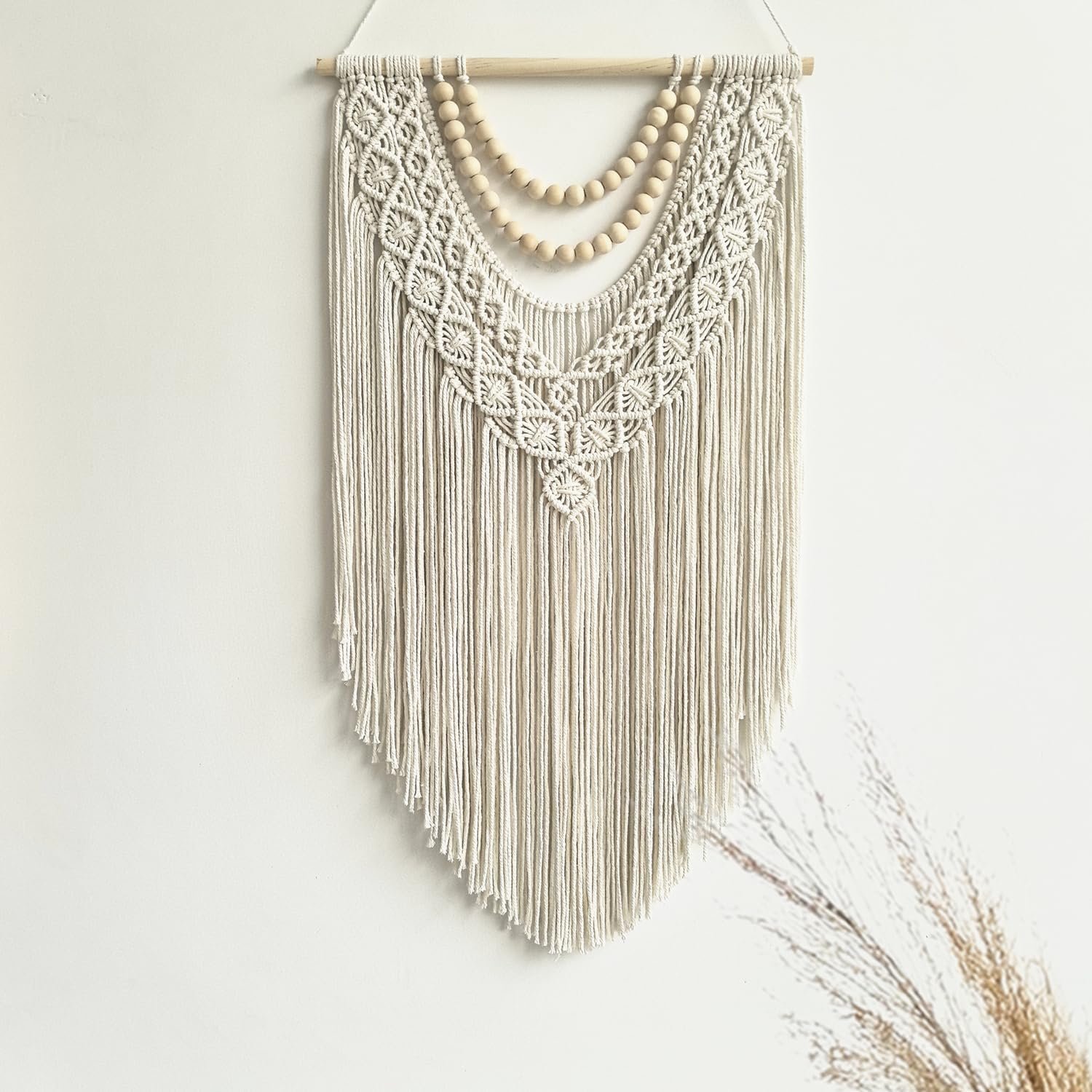 guzhiou Macrame Wall Hanging Boho Geometric Woven Tapestry Cotton Handmade Bohemian Art Decor with Wood Bead Wall Decor for Bedroom Living Room Apartment Nursery 31.5″ L x 17″ W (Wood bead-B)
