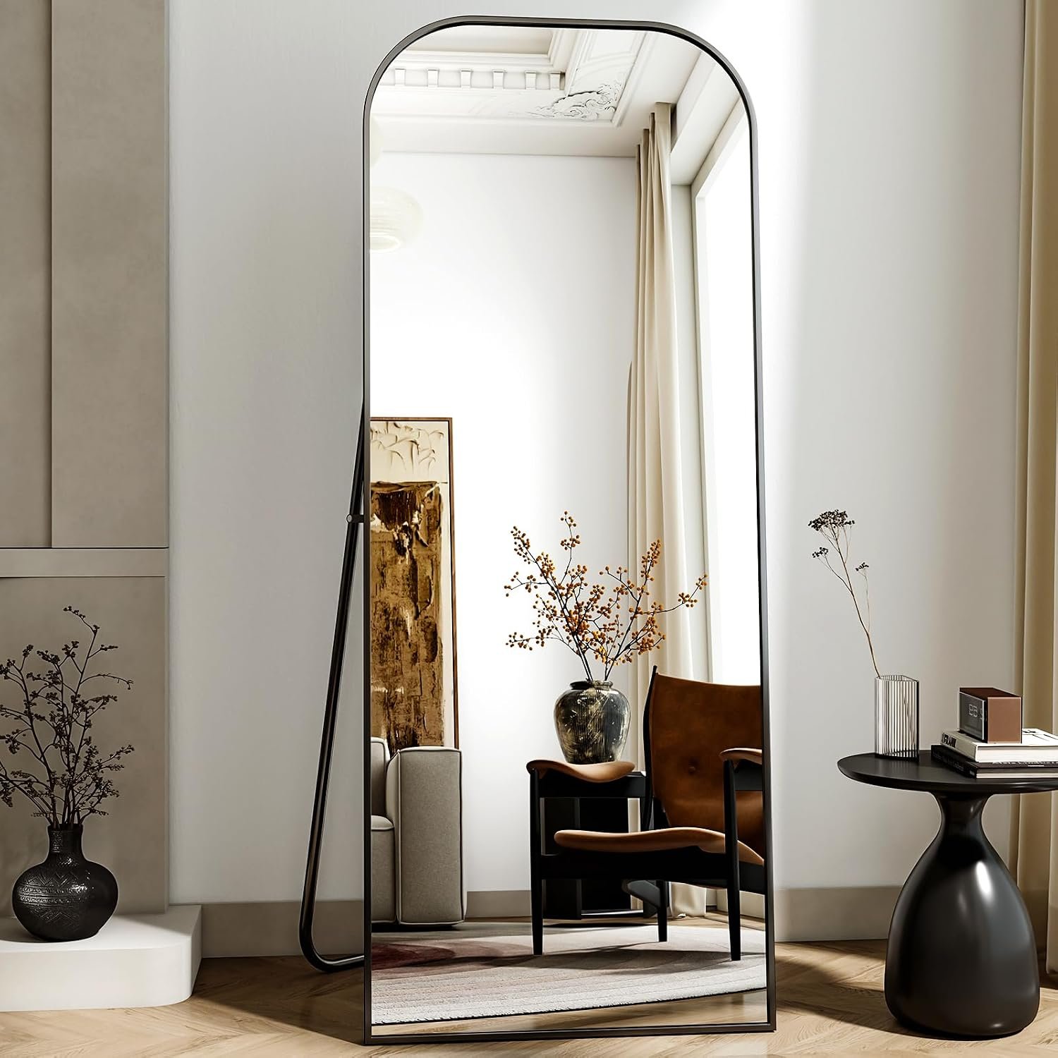 56×21 Inch Full Length Mirror – Large Floor Standing & Wall Mountable Full Body Mirror with Sturdy Aluminum Frame, Arched Top Design, Freestanding or Hanging for Bedroom, Living Room, Cloakroom,Black