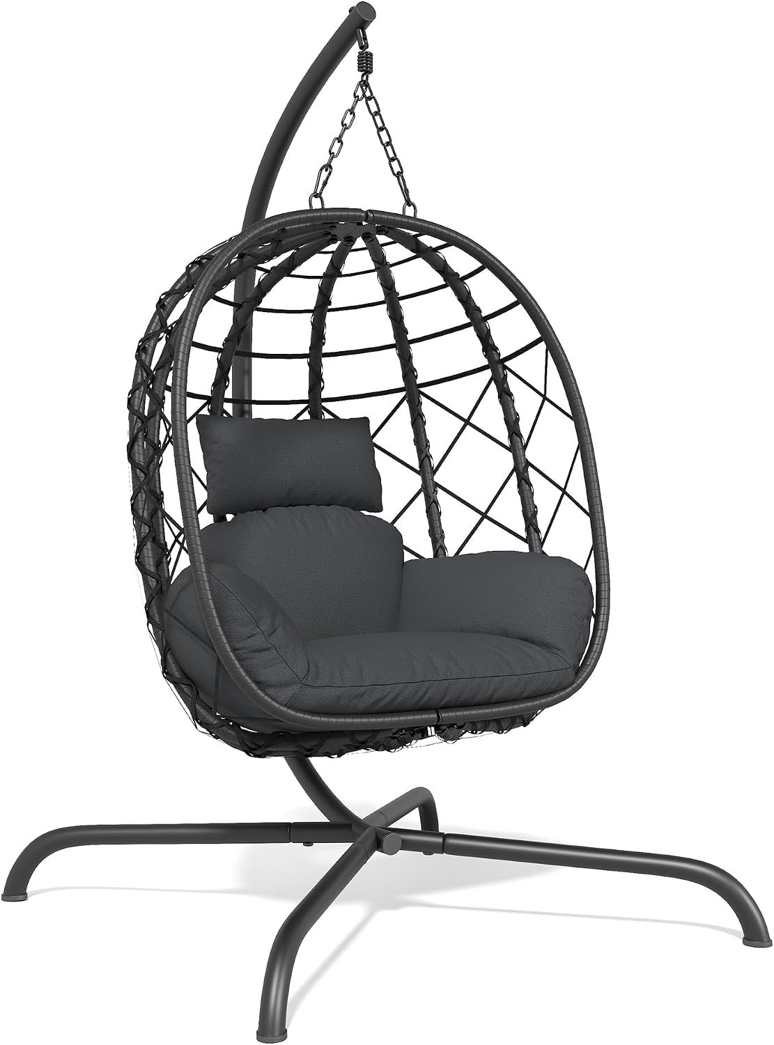 Hanging Egg Chair with Stand Patio Wicker Rattan Swing Chair Hammock Egg Chair for Indoor & Outdoor 400lbs Capacity with Thickened Cushion for Bedroom Balcony Garden, Deep Grey