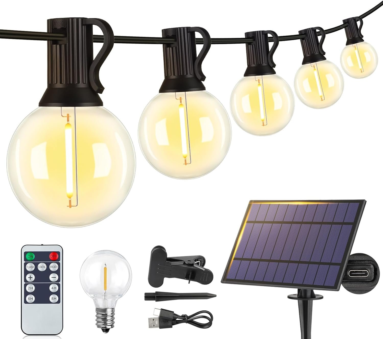 Larkvue 25FT Solar String Lights with Remote, 3 Modes, 11 G40 Bulbs, Black