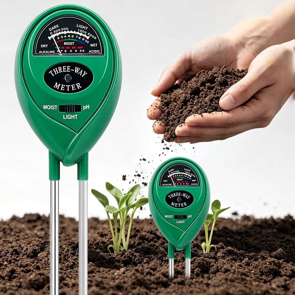 Soil Tester, Soil pH Meter, 3 in 1 Soil Test Meter for Moisture, Soil Moisture Meter for Plants, PH Value & Sunlight Hours, No Batteries Required