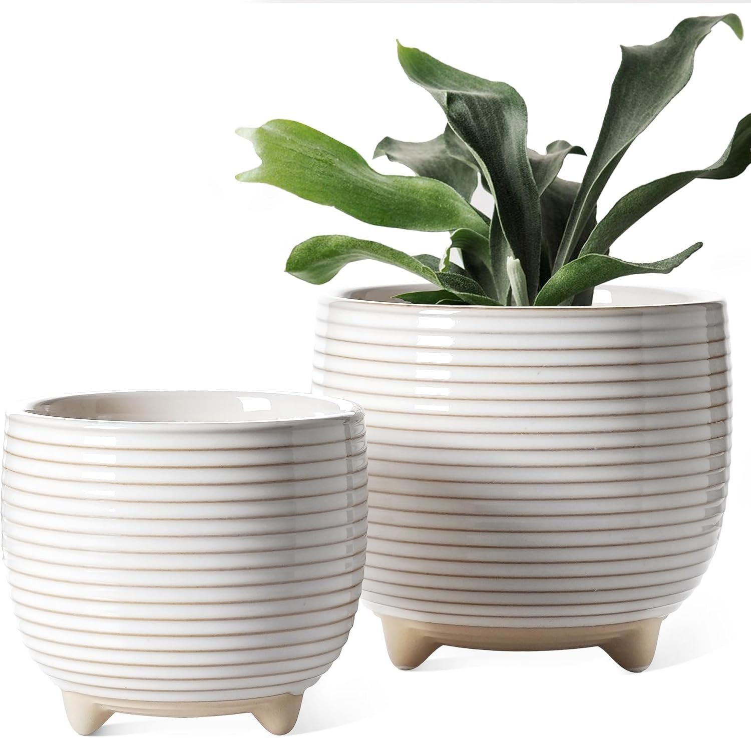 LE TAUCI Ceramic Plant Pots, 5.1 + 6.4 Inch, Set of 2, Reactive Glaze White