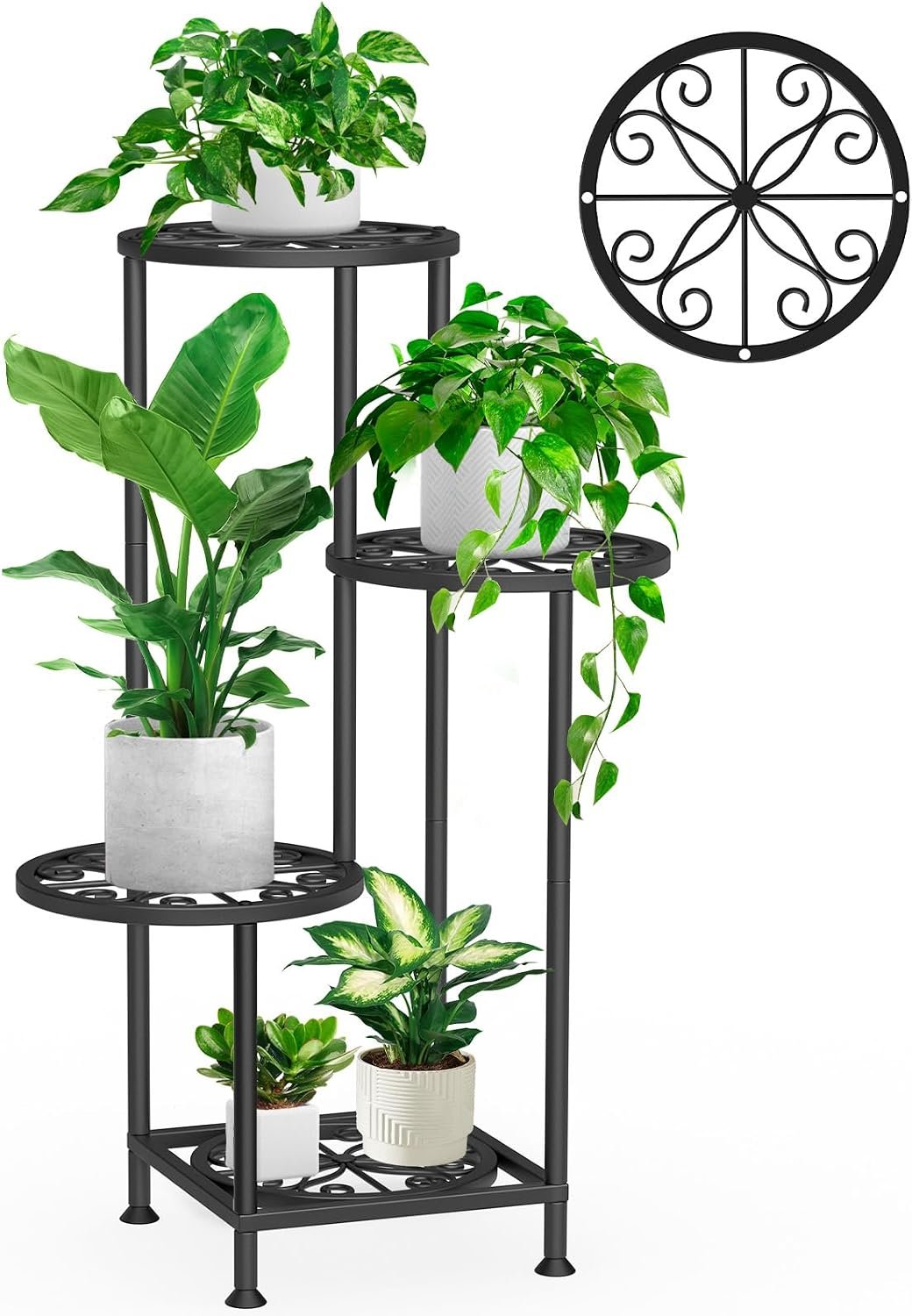 4 Tier Plant Stand Indoor Outdoor, Tall Metal Corner Flower Shelf Holder for Multiple Plants, Space-Saving Rustproof Plant Display Rack for Patio Balcony Garden Living Room Porch, Black