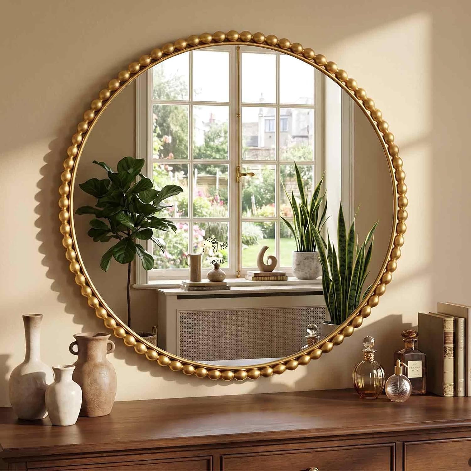 PERHOM Round Gold Beaded Mirror – 31 inch Circle Wall Decor Mirror with Metal Frame, Vintage Wall Art Decor Mounted Hanging for Entryway, Fireplace, Living Room, Hallway, Bathroom