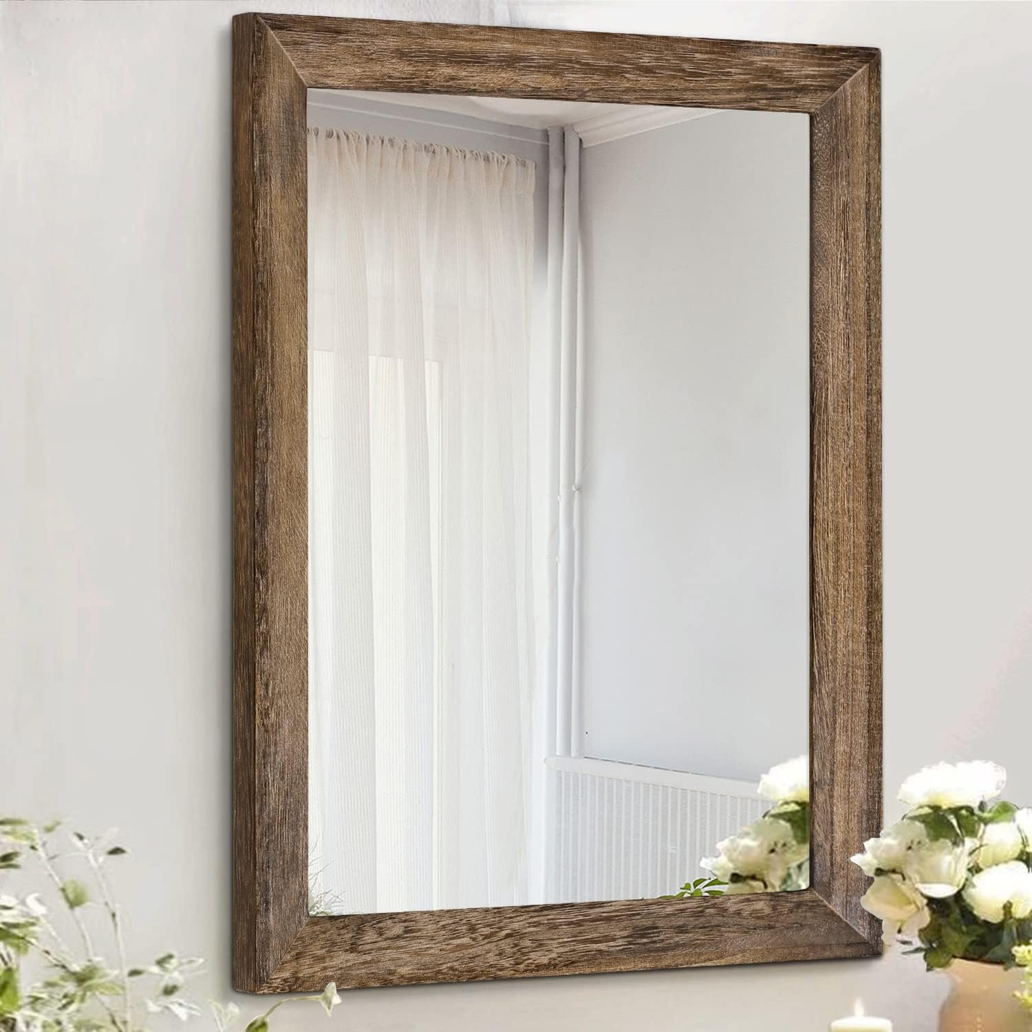 AAZZKANG Rustic Wood Mirror Rectangle Decorative Wall Mirrors with Frame