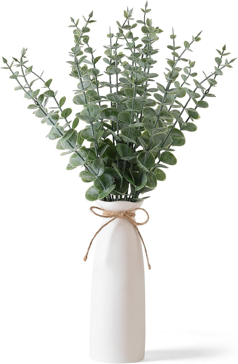 Vase with Greenery, 20pcs Artificial EucalyptusStems in White Vase, Boho Home Decor Plant, 19″ Decorative Fake Plants for Home Farmhouse Mantle Centerpiece Decor