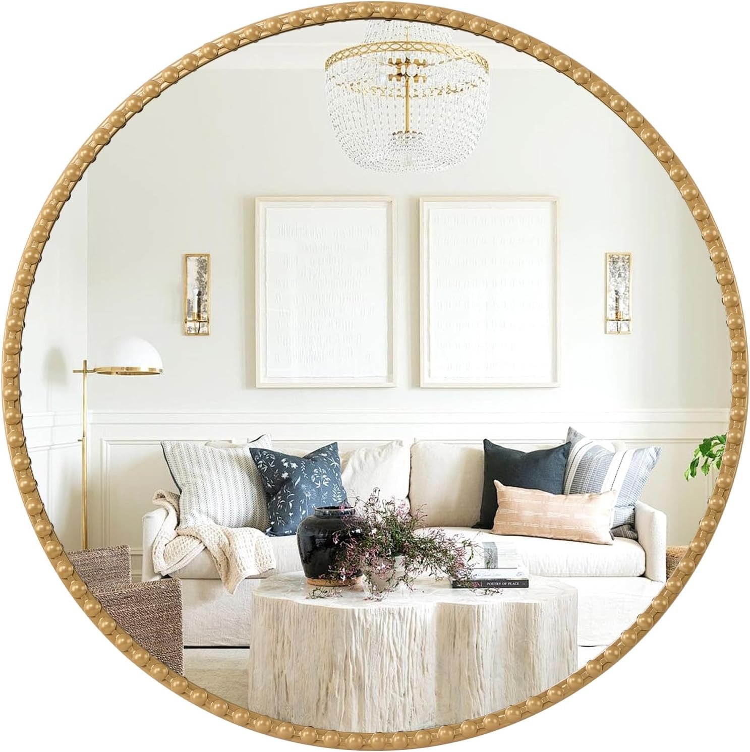 Circle Mirrors Metal Framed Hanging Round Mirror Wall Mounted Bathroom Modern Antique Round Bead Mirror for Entryway Living Room Hallway Decorative Gold 18″