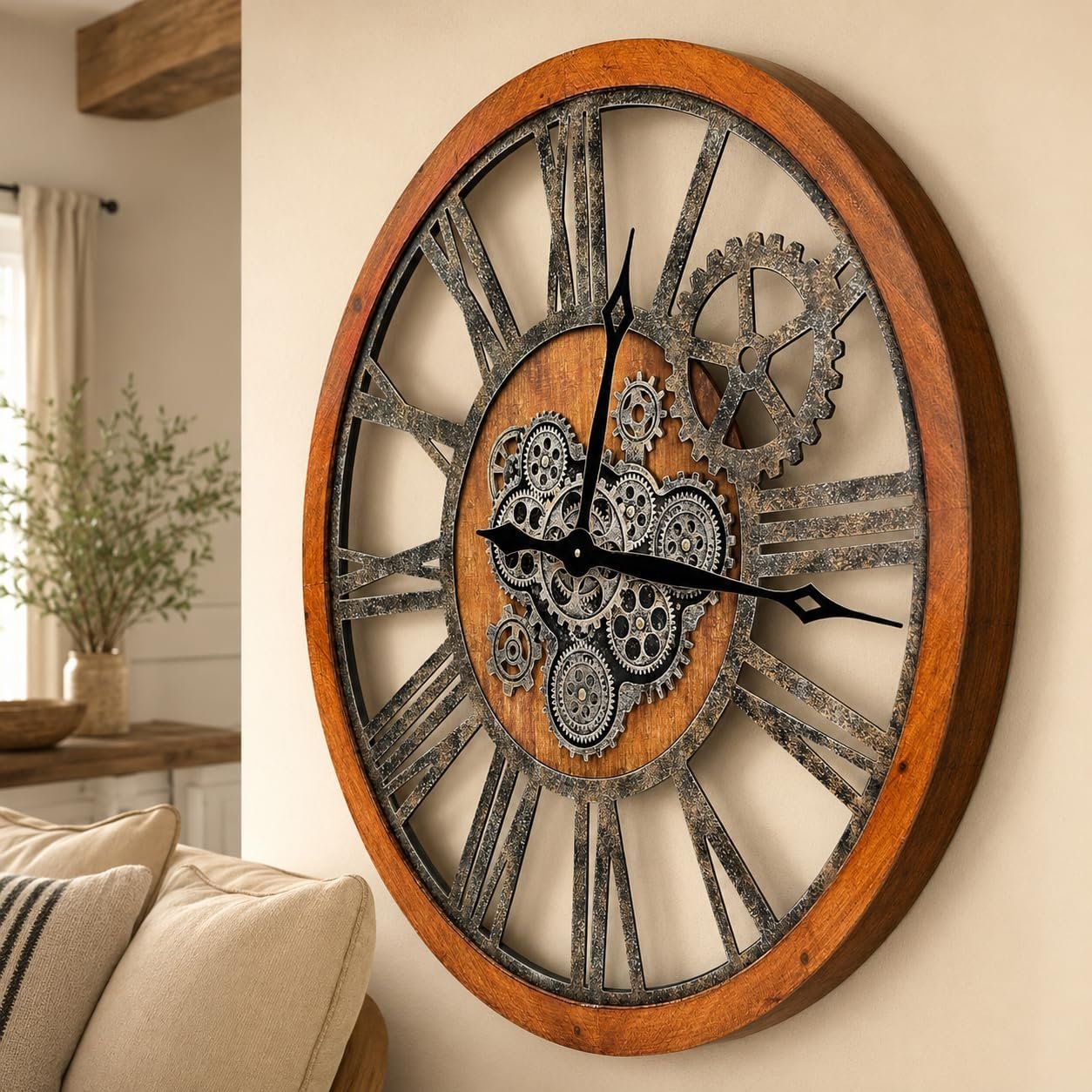 The B-Style 36″ Large Moving Gear Wall Clock Oversized Vintage Farmhouse Wall Clocks for Living Room Decor Rustic Industrial Wood Clock (Brwon with Bronze Gears)