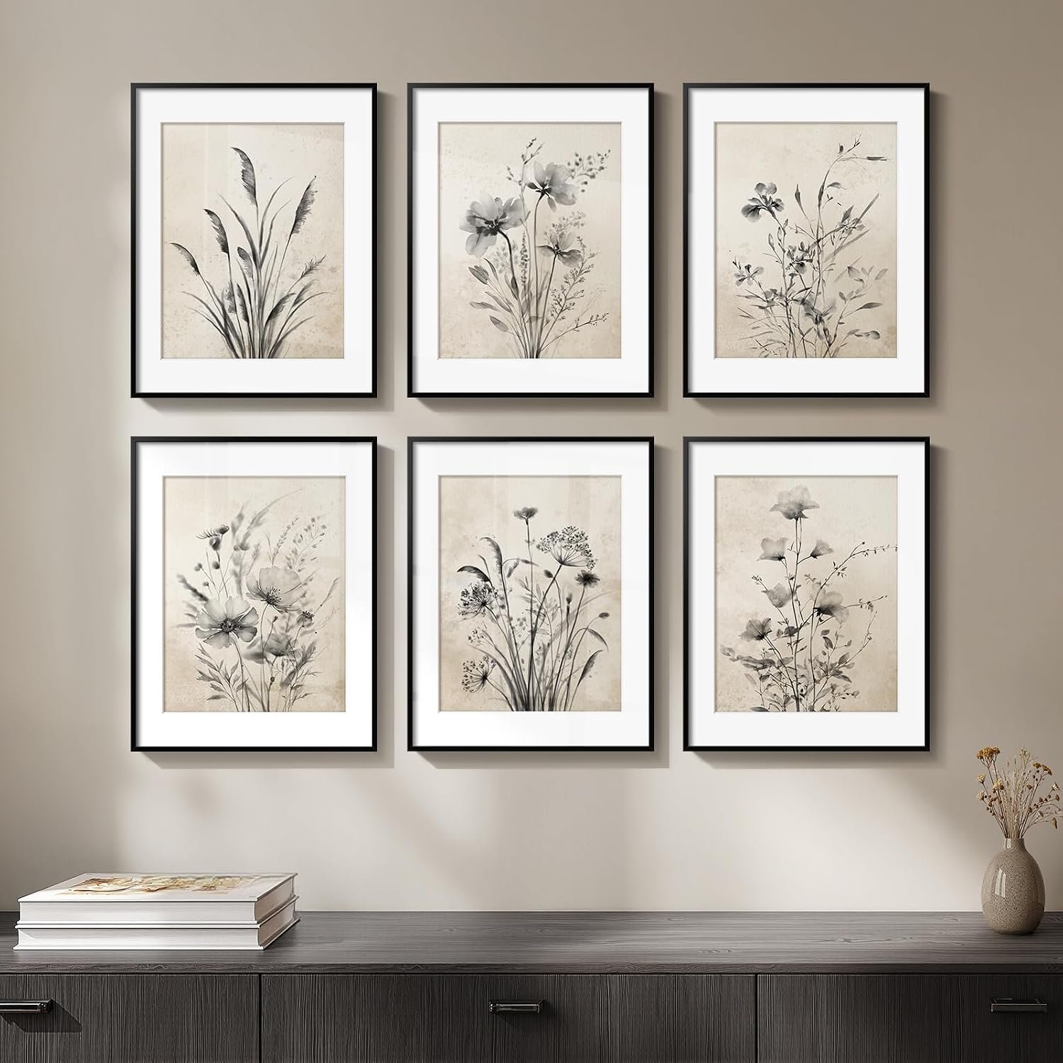 Framed Vintage Black and White Boho Botanical Wall Art, 6 Piece 11×14 In