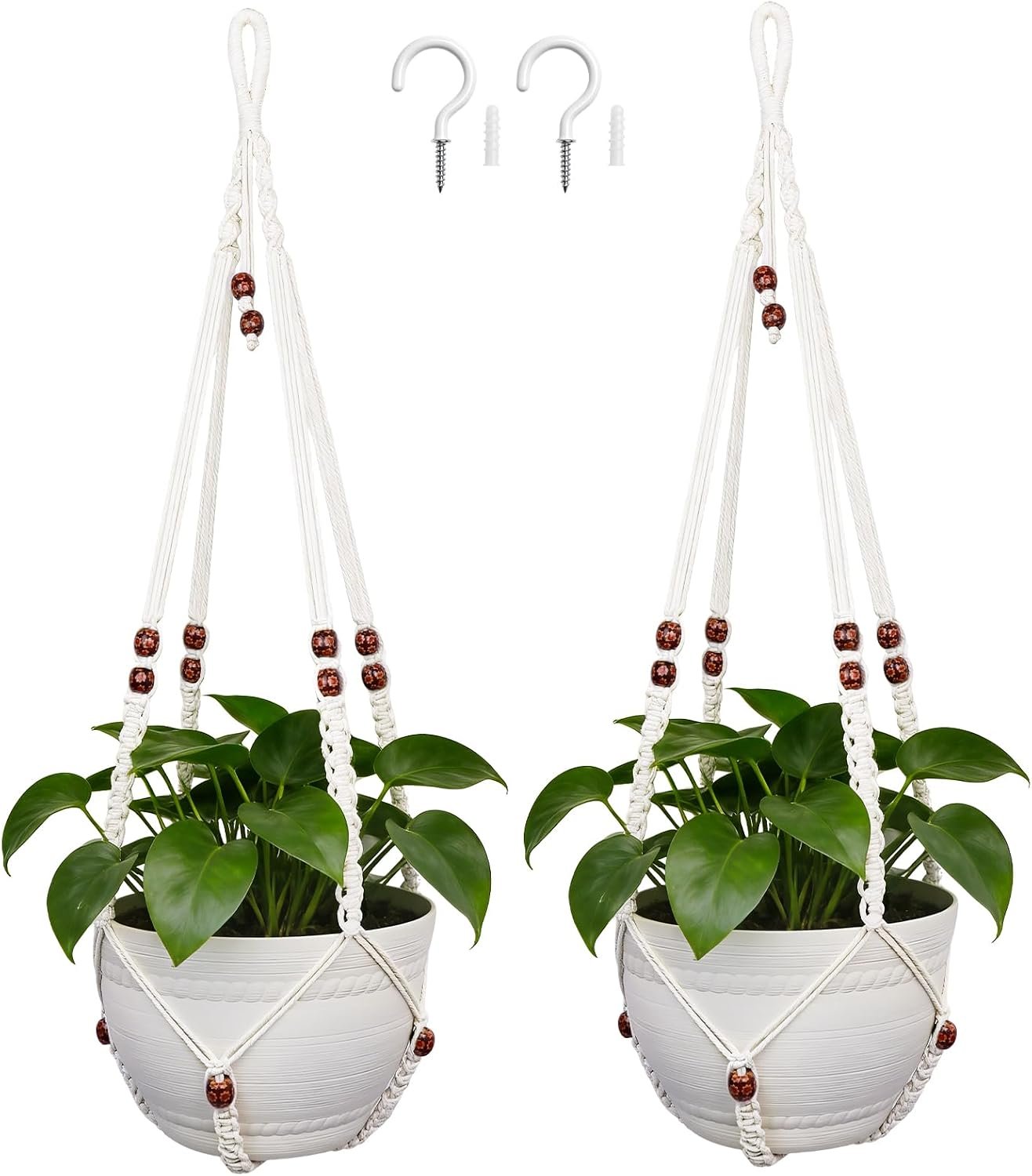 Macrame Plant Hangers for Indoor Plants, 2 Pack 35 Inch Cotton Rope Hanging Planter Holders with Floral-Patterned Beads and Hooks, Fits 4-15 Inch Pots, Ivory