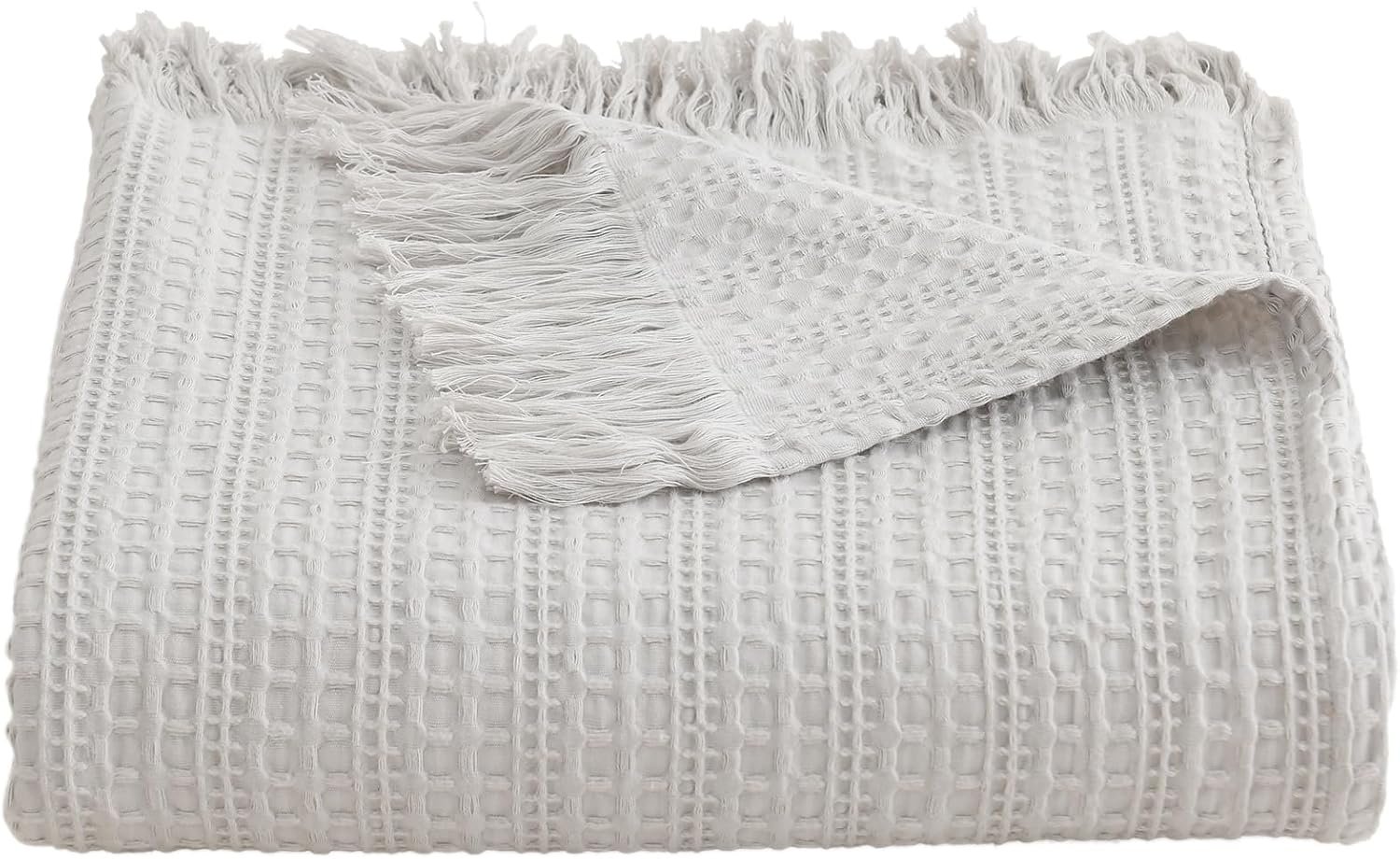 100% Cotton Waffle Blanket with Fringe, Pre-Washed Waffle Weave Blanket for All Season, Lightweight Breathable Soft Cozy Throw Blanket for Couch, Bed, Travel (Light Grey – 50×60 Inches)