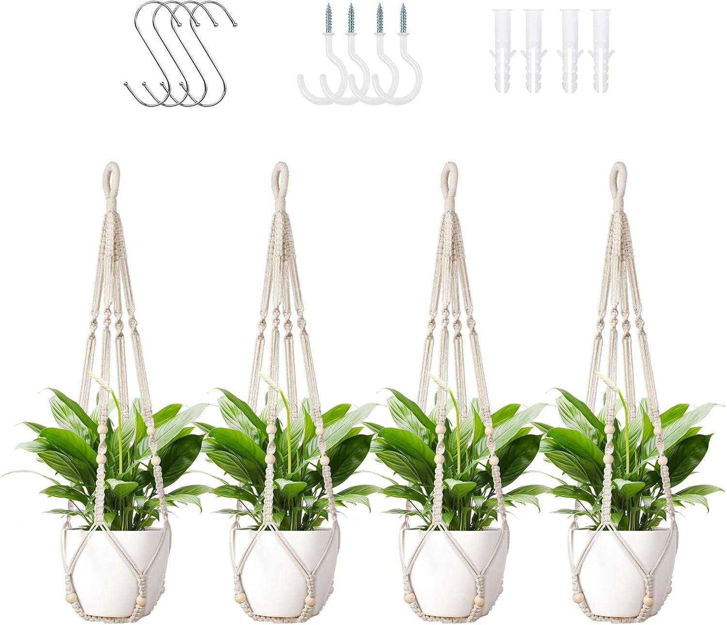 LEWESU Macrame Plant Hanger Indoor Set of 4 with 8 Hooks, Indoor Outdoor Hanging Planter for Plants Holder with Decorative Wood Beads & No Tassels, Boho Home Decor, 35 Inch Ivory (Pots Not Included)