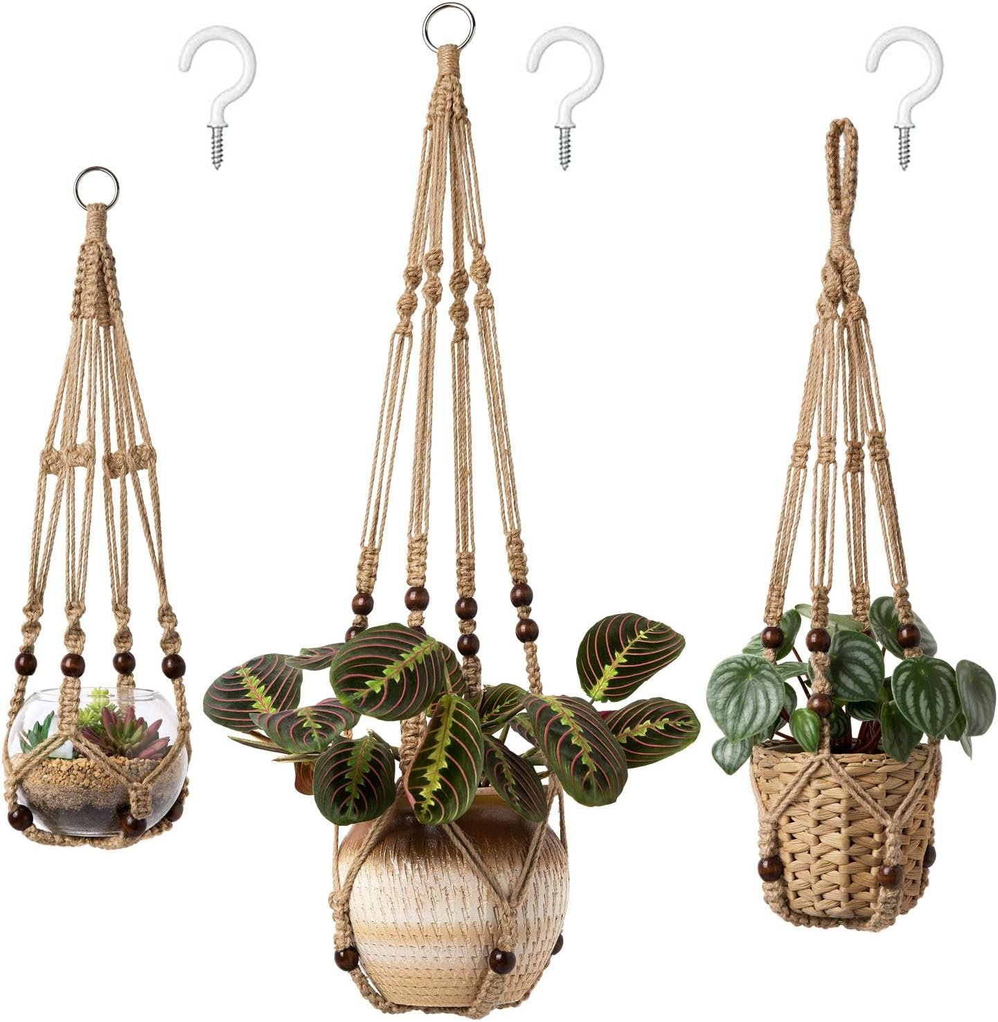 Mkono 3 Pack Macrame Plant Hangers Hanging Planters for Indoor Plants Brown