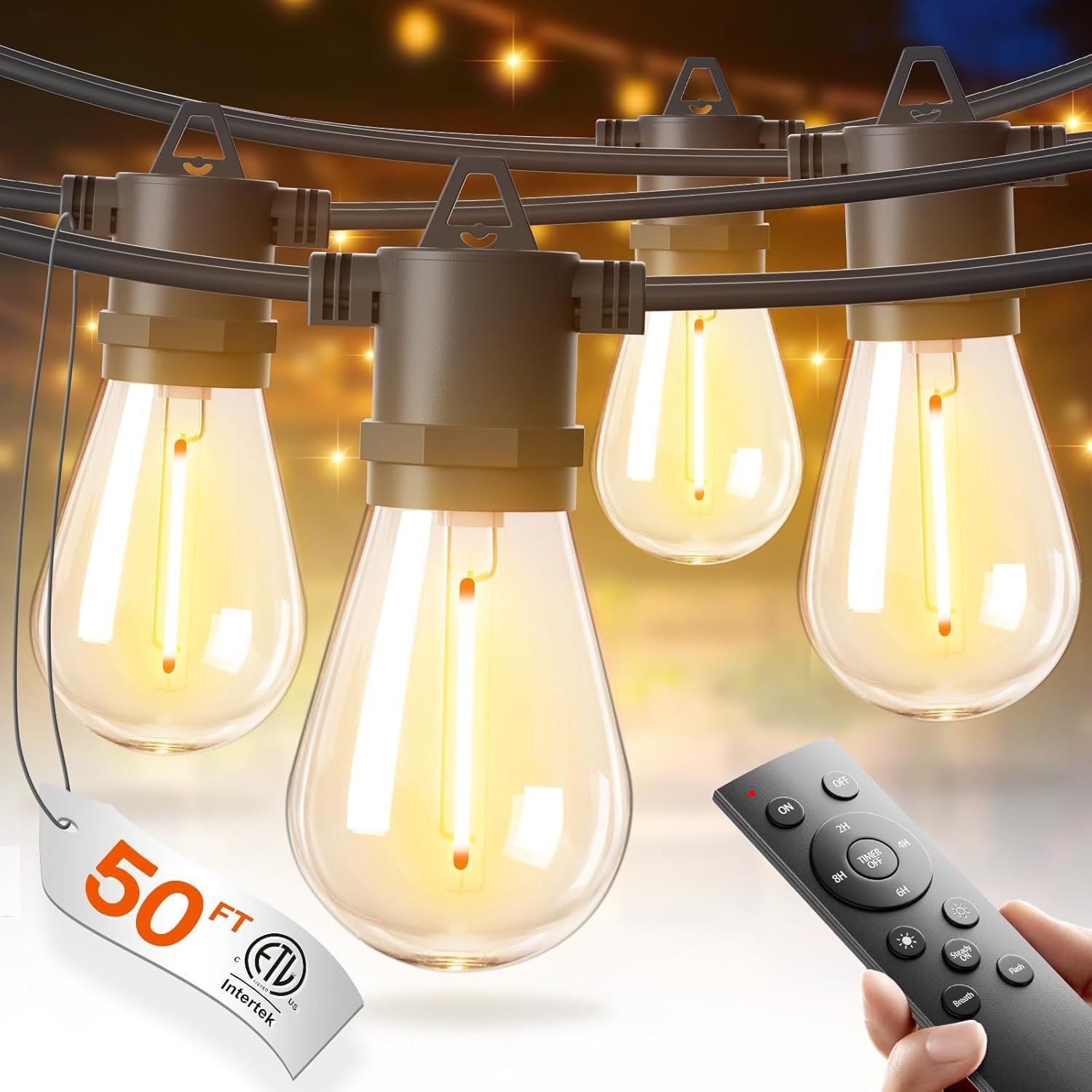 addlon 50FT LED Outdoor String Lights, Waterproof Dimmable Bulbs for Patio