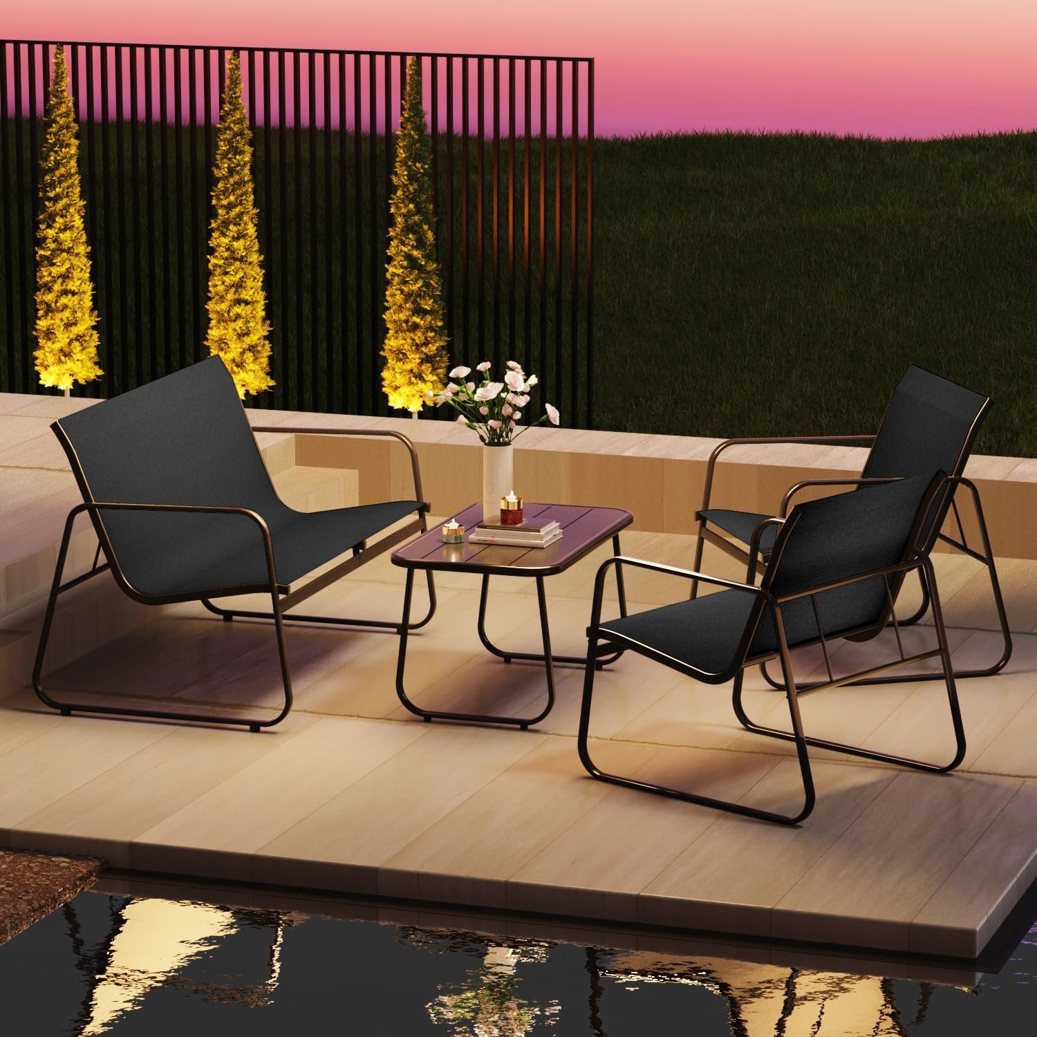 4-Piece Patio Furniture Set, Outdoor Textilene Conversation Set with Chairs & Loveseat, with Coffee Table for Garden, Balcony, Poolside, Backyard, Water-Resistant & UV-Resistant（Black）