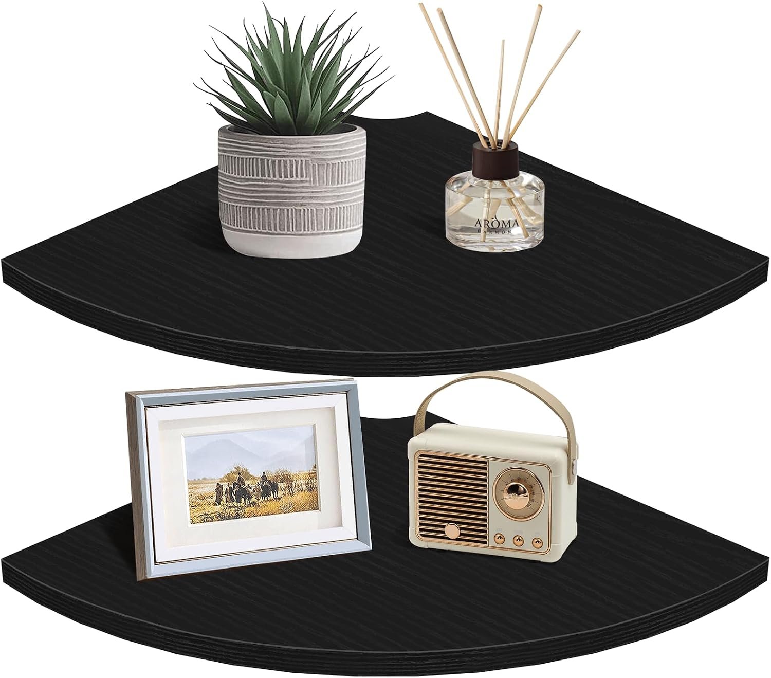 Homode Corner Floating Shelves, 12″ Deep Corner Shelves Wall Mounted with Cord Hole, 2 Tier Curved Corner Hanging Shelving for Wall Storage, for Cable Box, TV Cords, Books, Plants, Black