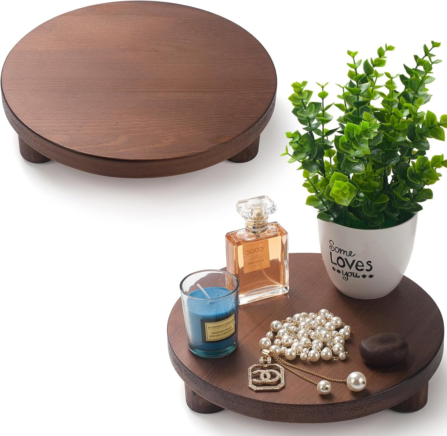 Wood Riser for Decor, 2 Pack Wood Pedestal Stand for Display, Round Wooden Tray for Kitchen Counter, Wooden Pedestal Stand for Plant Pot Indoor (Round – Brown)