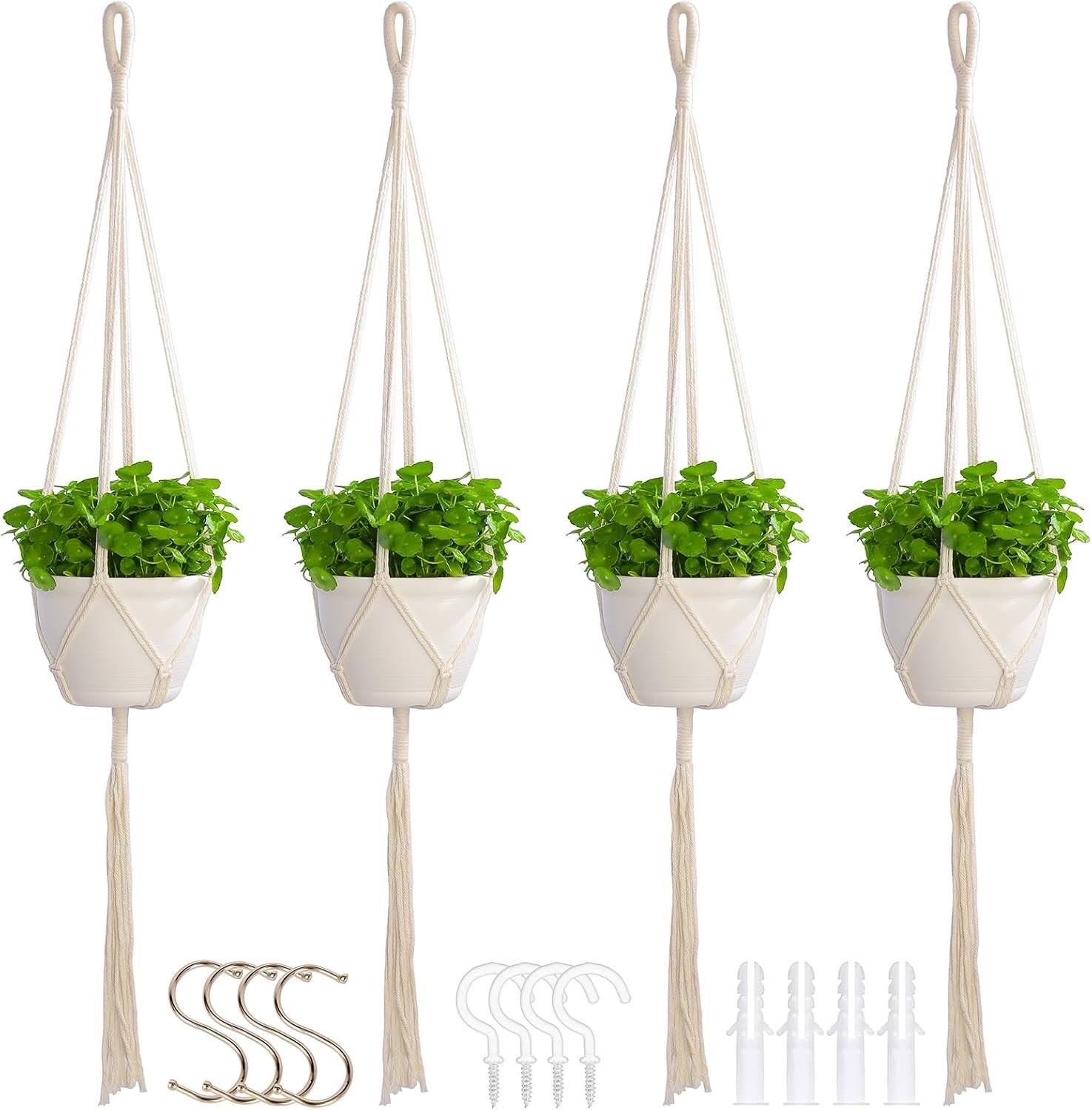 4 Pack Macrame Plant Hangers Indoor Set Large Crochet Hanging Holder, Ivory